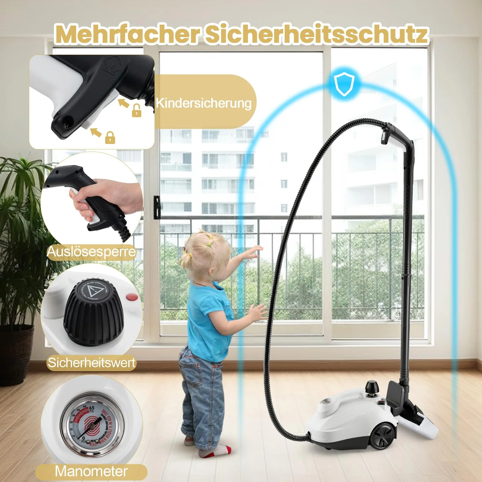 COSTWAY Dampfreiniger 2000W, Dampfdruck: 5 bar, Tank: 1,8L, Temperatur: bis zu 160℃, Dampfreiniger Boden mit 29 Zubehörteilen & Rollen, inkl. 5m Netzkabel (Weiß) - Image 4