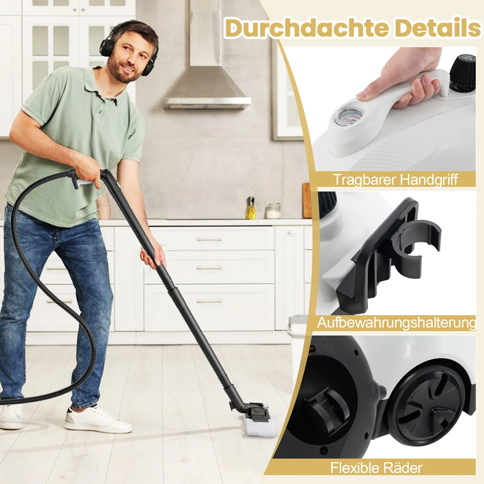 COSTWAY Dampfreiniger 2000W, Dampfdruck: 5 bar, Tank: 1,8L, Temperatur: bis zu 160℃, Dampfreiniger Boden mit 29 Zubehörteilen & Rollen, inkl. 5m Netzkabel (Weiß) - Image 5