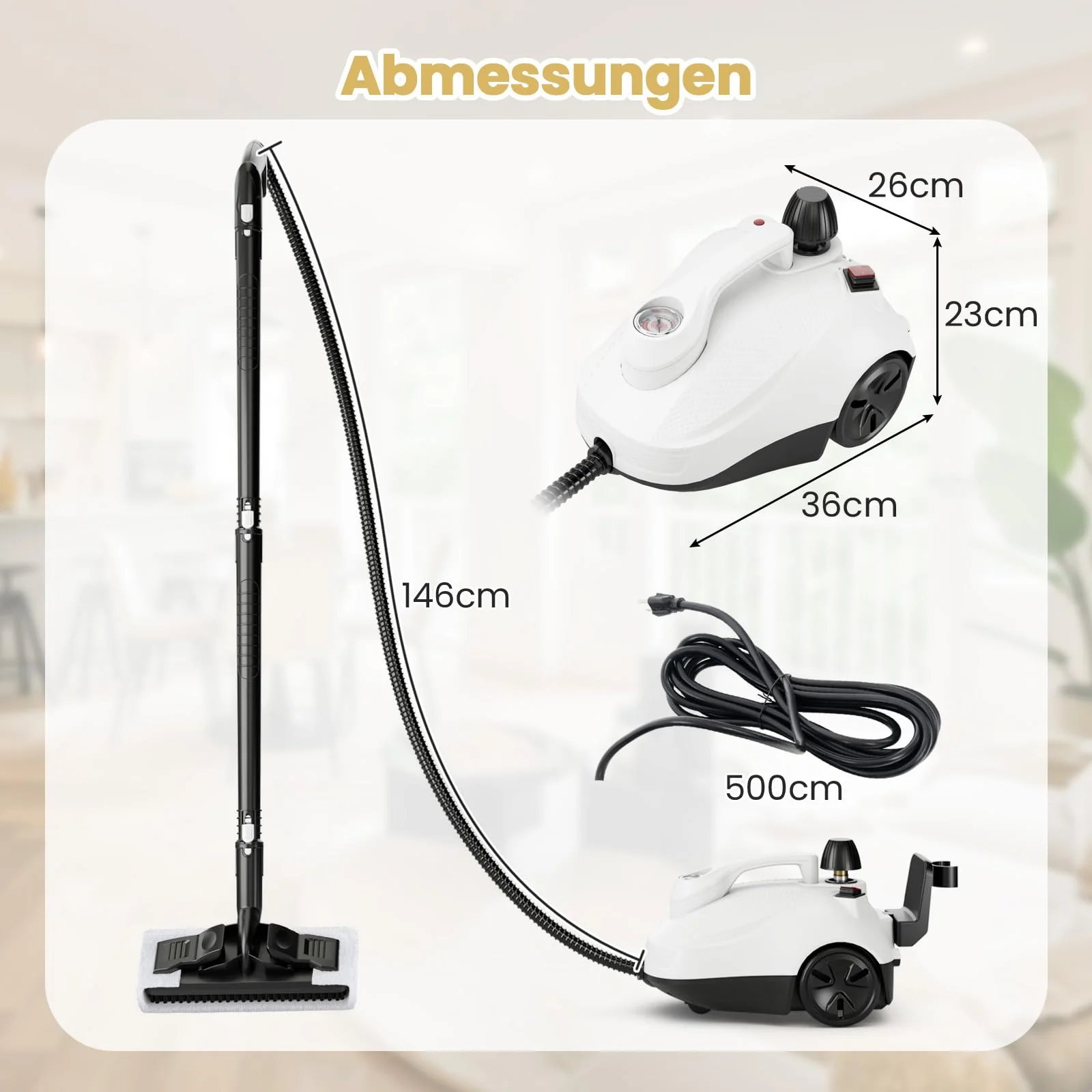 COSTWAY Dampfreiniger 2000W, Dampfdruck: 5 bar, Tank: 1,8L, Temperatur: bis zu 160℃, Dampfreiniger Boden mit 29 Zubehörteilen & Rollen, inkl. 5m Netzkabel (Weiß) - Image 6