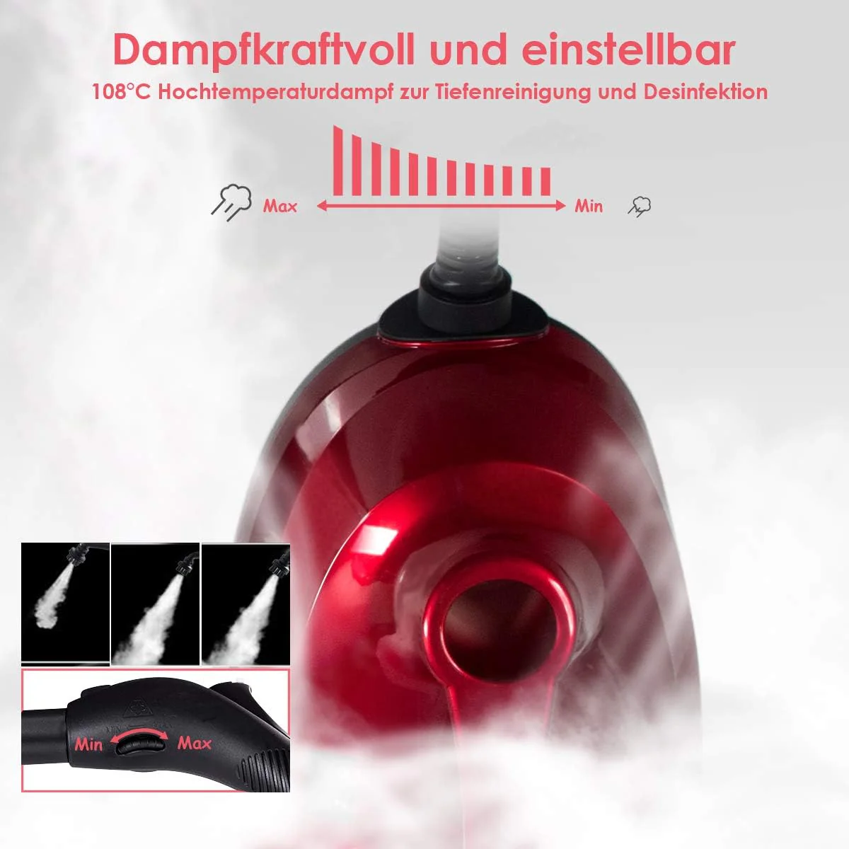 COSTWAY Dampfreiniger 2000W, Dampfdruck: max. 4 bar, inkl. 19 Zubehör, Aufheizzeit: 5 Min., Temp.: bis zu 108℃, Tank: 1,5L, LED Warnlicht, Dampfreiniger für Teppiche Fußböden Fenster Autos (Rot) - Image 2