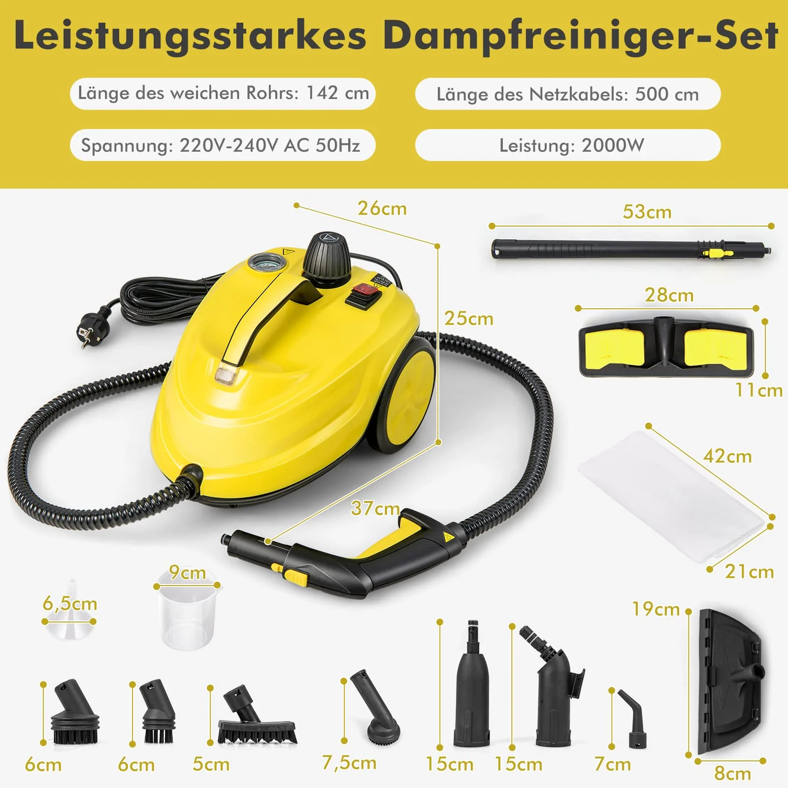 COSTWAY Dampfreiniger 2000W, Dampfdruck: max. 5 bar, Temperatur: bis zu 160℃, Flächenleistung: 108 m², Tank: 1,8L, Aufheizzeit: 8 Min., inkl. 13 Zubehör & 5m lange Netzkabel - Image 2