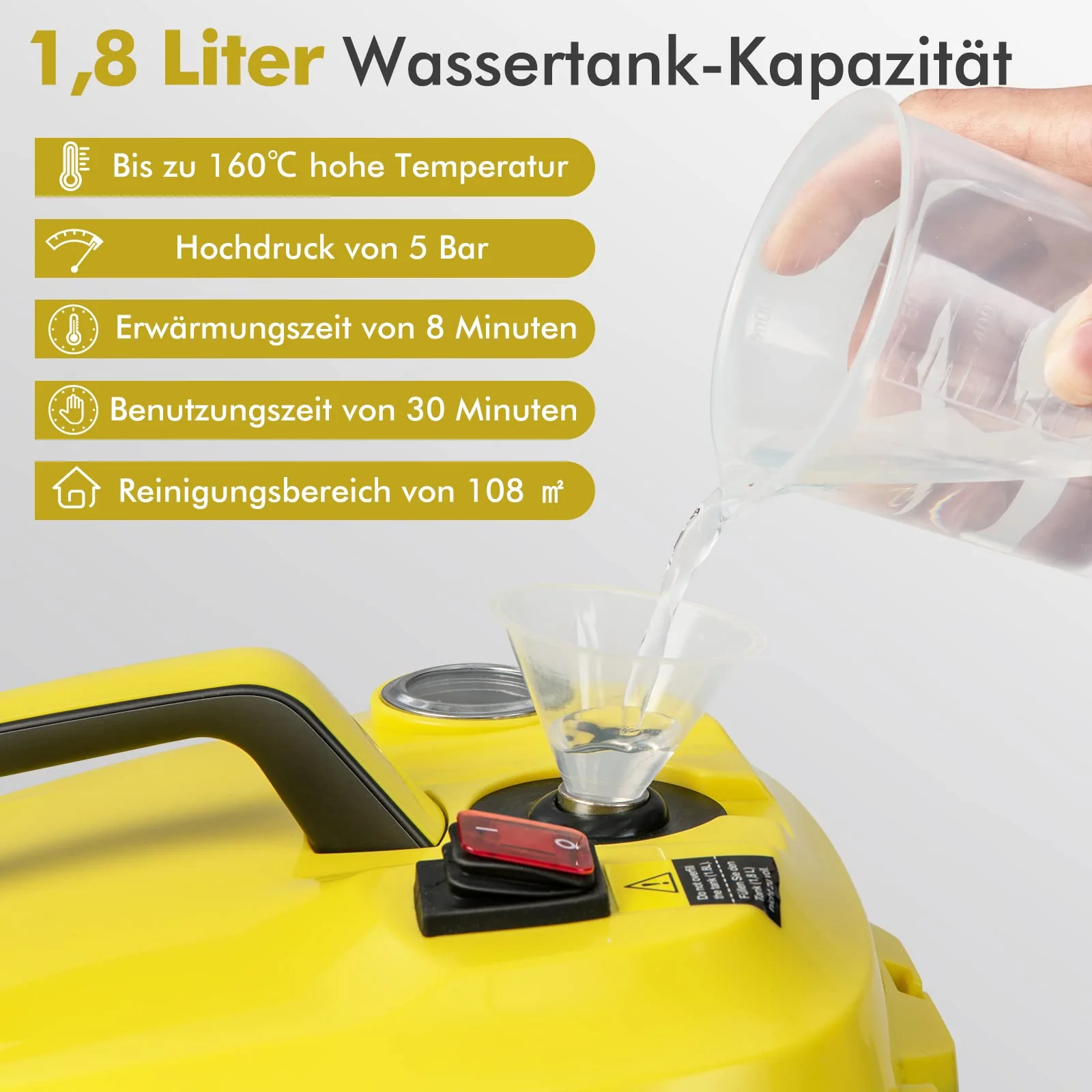 COSTWAY Dampfreiniger 2000W, Dampfdruck: max. 5 bar, Temperatur: bis zu 160℃, Flächenleistung: 108 m², Tank: 1,8L, Aufheizzeit: 8 Min., inkl. 13 Zubehör & 5m lange Netzkabel - Image 4