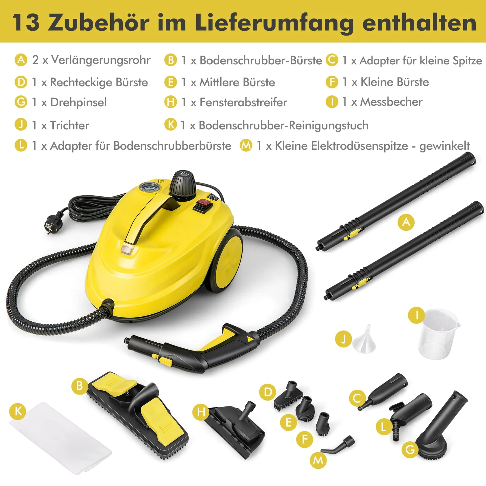 COSTWAY Dampfreiniger 2000W, Dampfdruck: max. 5 bar, Temperatur: bis zu 160℃, Flächenleistung: 108 m², Tank: 1,8L, Aufheizzeit: 8 Min., inkl. 13 Zubehör & 5m lange Netzkabel - Image 8