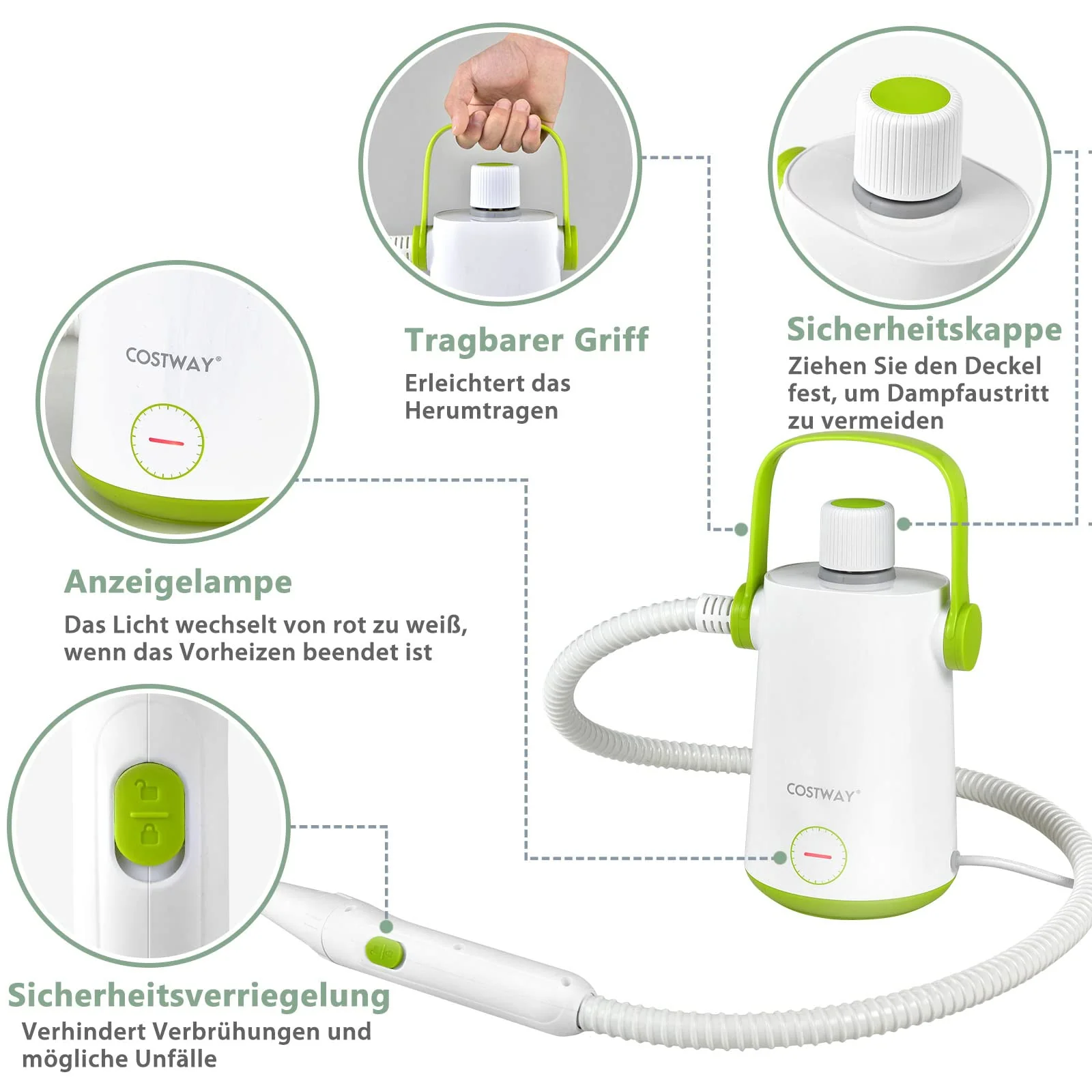 COSTWAY Dampfreiniger Handgerät | 1000W & 300 ml Wasserkapazität & 10 Zubehörsätze | Steamshot Steam Cleaner für alles, Teppiche, Fenster, Polster, Bad - Image 7