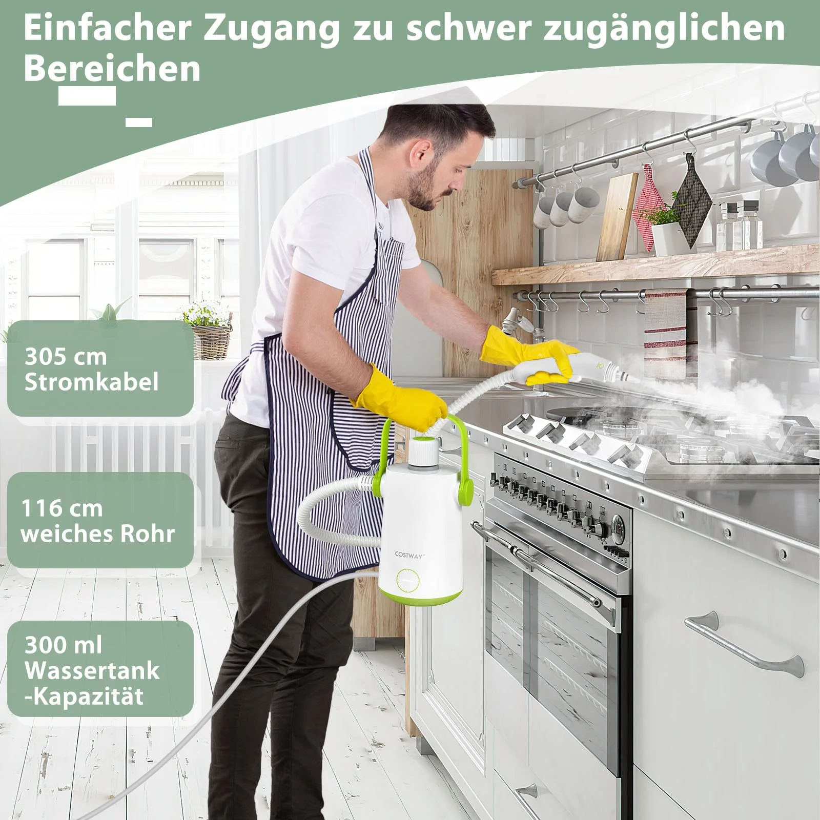 COSTWAY Dampfreiniger Handgerät | 1000W & 300 ml Wasserkapazität & 10 Zubehörsätze | Steamshot Steam Cleaner für alles, Teppiche, Fenster, Polster, Bad - Image 8