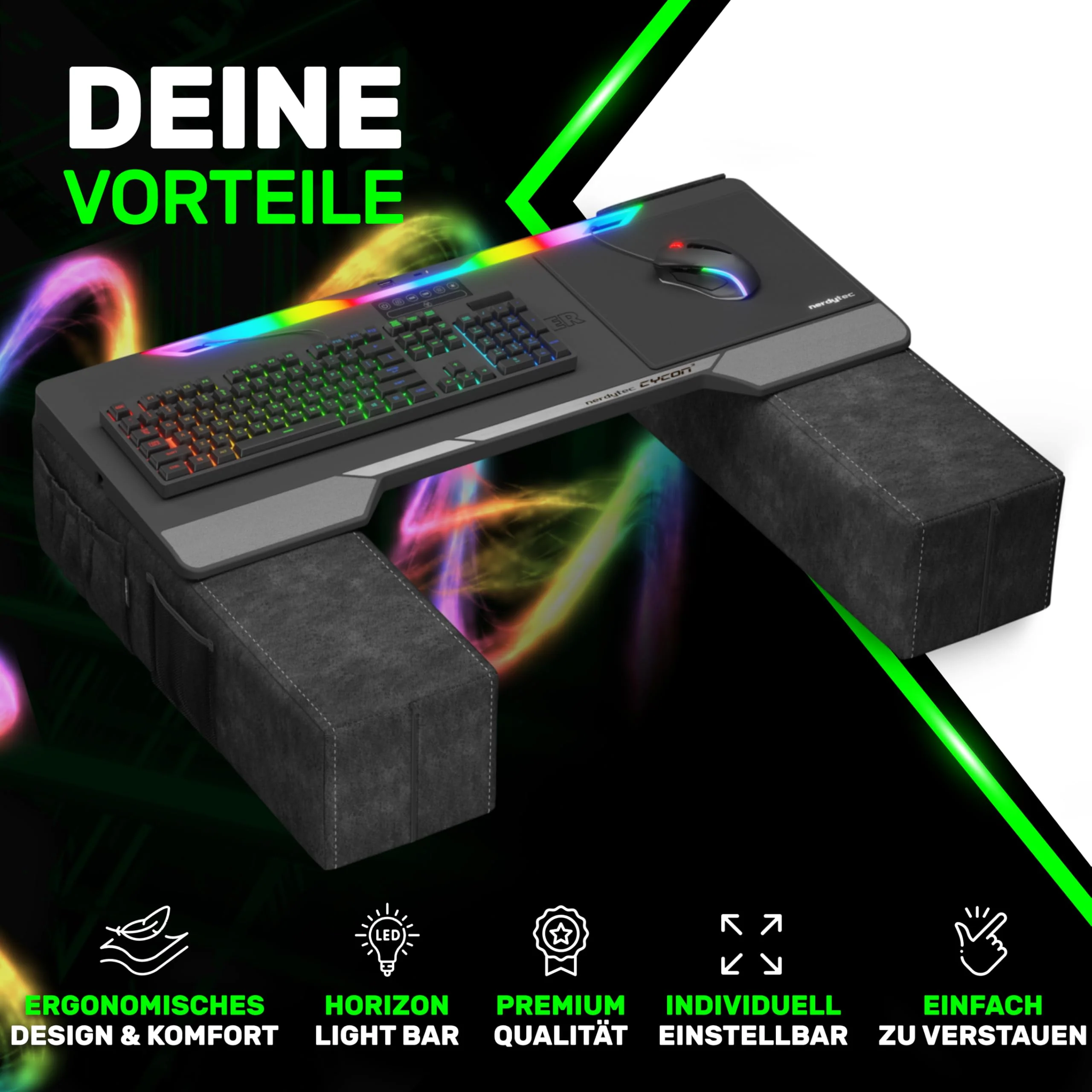 Couchmaster CYCON³ Black HORIZONLIGHT Bar - Ergonomisches Gaming Lapdesk für Couch & Bett - USB Hub Gaming Lapboard - Groß & Stabil (für PC, PS4/5, Xbox One/Series X, Laptops) - Image 4
