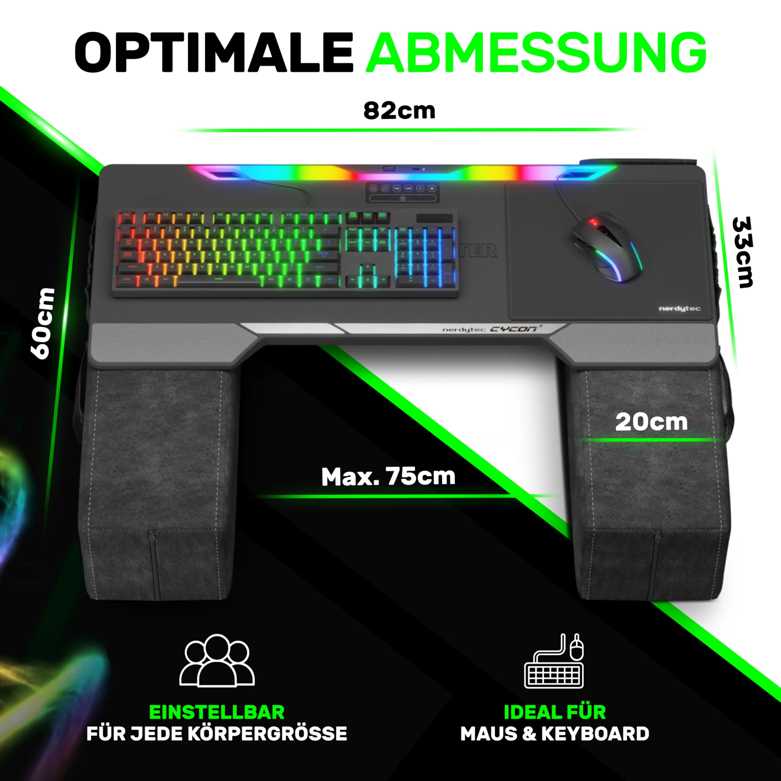 Couchmaster CYCON³ Black HORIZONLIGHT Bar - Ergonomisches Gaming Lapdesk für Couch & Bett - USB Hub Gaming Lapboard - Groß & Stabil (für PC, PS4/5, Xbox One/Series X, Laptops) - Image 5