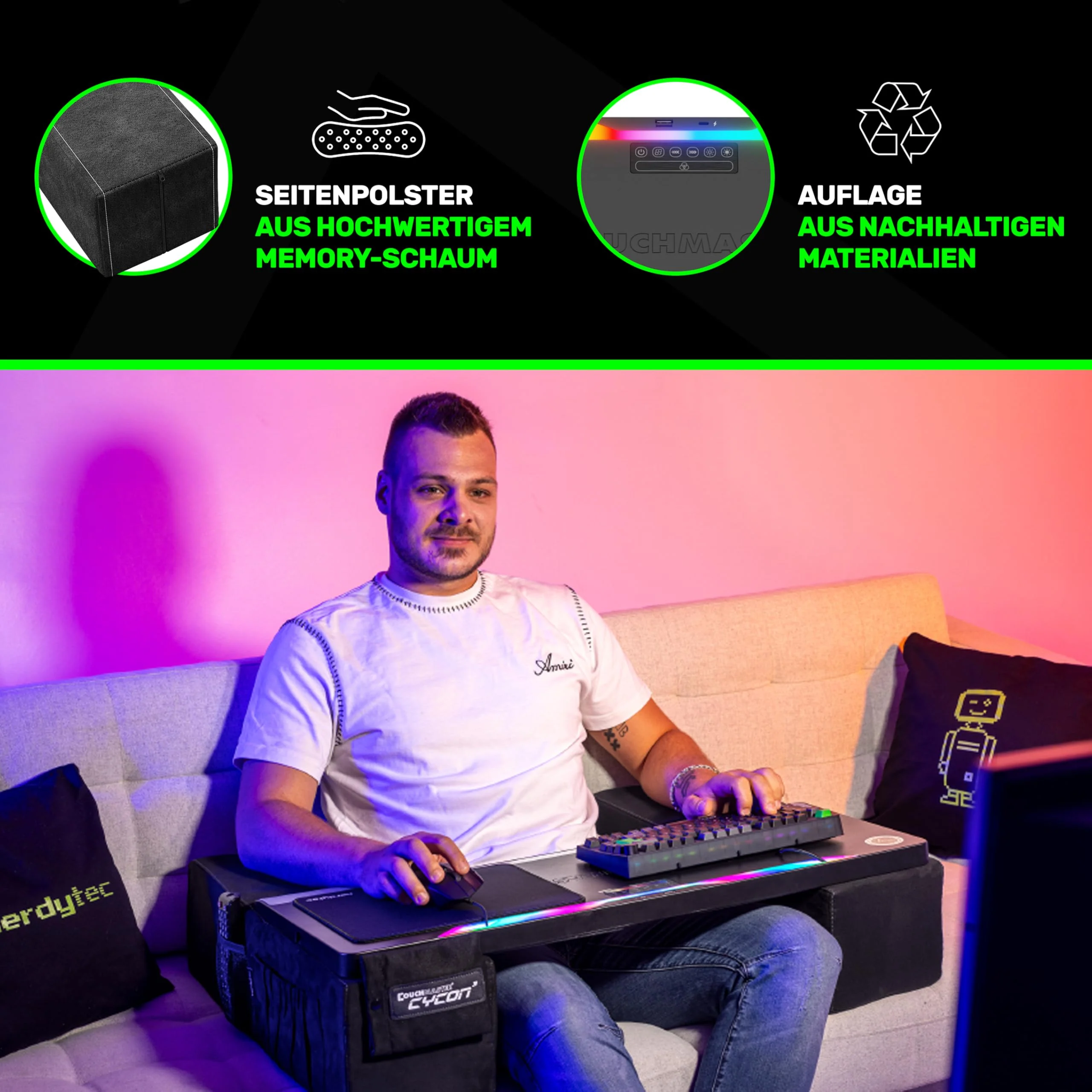Couchmaster CYCON³ Black HORIZONLIGHT Bar - Ergonomisches Gaming Lapdesk für Couch & Bett - USB Hub Gaming Lapboard - Groß & Stabil (für PC, PS4/5, Xbox One/Series X, Laptops) - Image 6