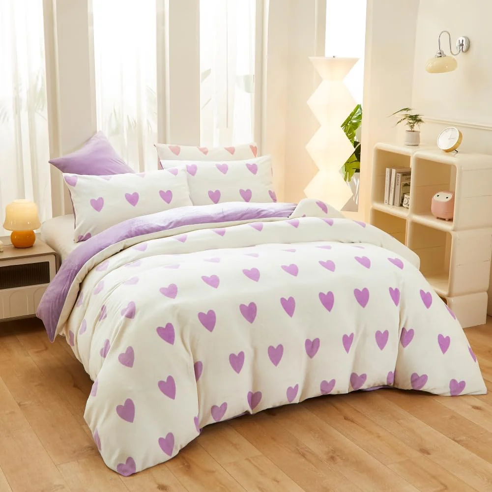 Covebett Winter Bettwäsche Flanell 200x200 Herzen Lila Weiß Warme Biber Plüsch Wende Winterbettwäsche 3teilig, Flauschig Fleece Mädchen Bettbezug und 2 Kissenbezug 80x80 mit Reißverschluss - Image 12