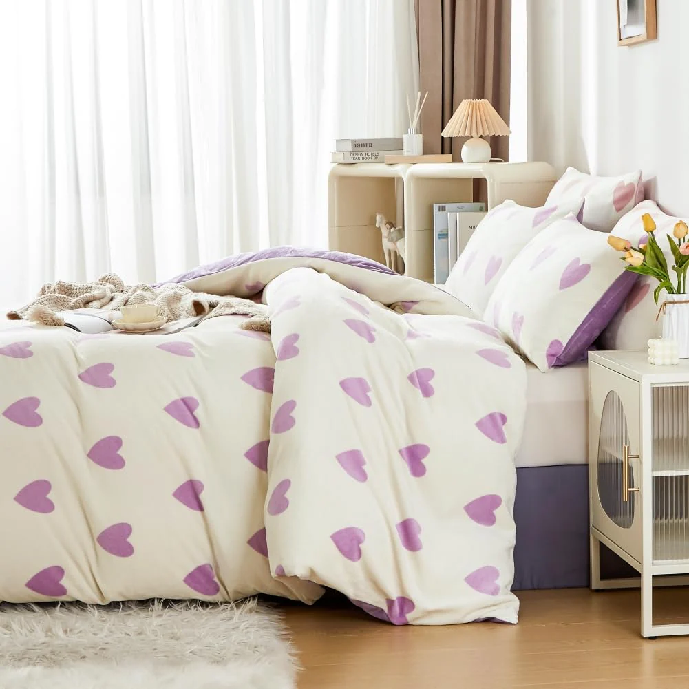 Covebett Winter Bettwäsche Flanell 200x200 Herzen Lila Weiß Warme Biber Plüsch Wende Winterbettwäsche 3teilig, Flauschig Fleece Mädchen Bettbezug und 2 Kissenbezug 80x80 mit Reißverschluss - Image 3