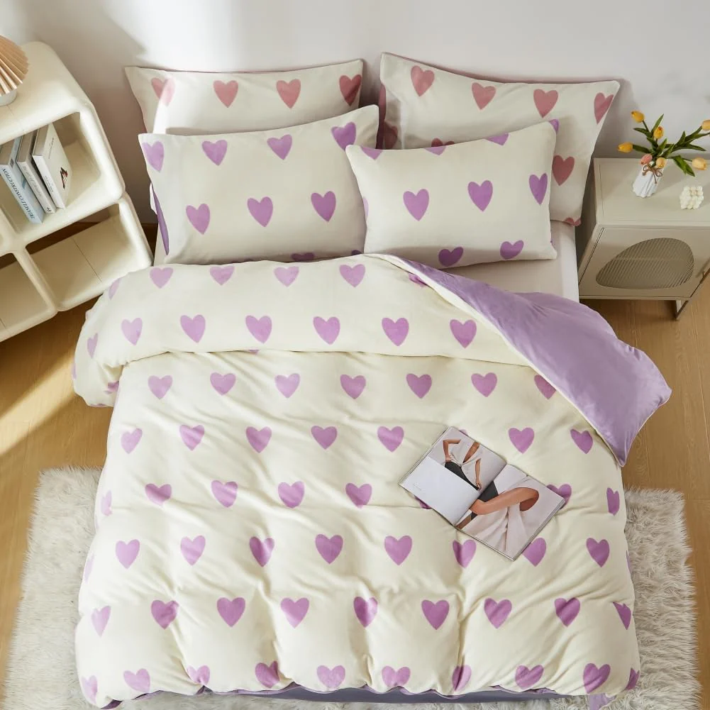 Covebett Winter Bettwäsche Flanell 200x200 Herzen Lila Weiß Warme Biber Plüsch Wende Winterbettwäsche 3teilig, Flauschig Fleece Mädchen Bettbezug und 2 Kissenbezug 80x80 mit Reißverschluss - Image 5