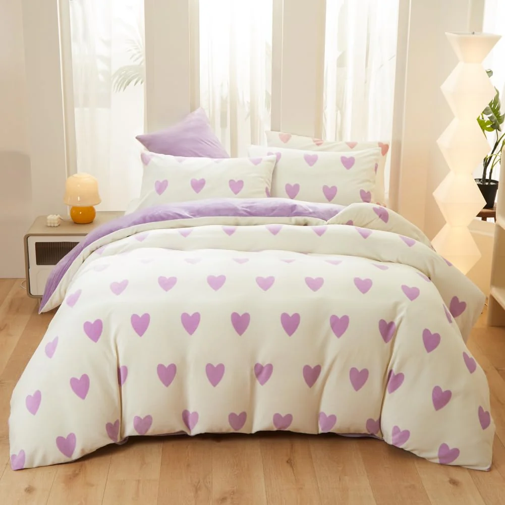 Covebett Winter Bettwäsche Flanell 200x200 Herzen Lila Weiß Warme Biber Plüsch Wende Winterbettwäsche 3teilig, Flauschig Fleece Mädchen Bettbezug und 2 Kissenbezug 80x80 mit Reißverschluss - Image 8