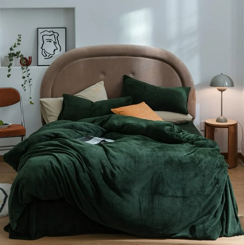 Covebett Winter Warme Bettwäsche 200x200 Grün Dunkelgrün Flanell Cashmere Touch Plüsch Winterbettwäsche 3teilig, 1 Flauschig Coral Fleece Bettbezug mit Reißverschluss und 2 Kissenbezug 80x80 - Image 3
