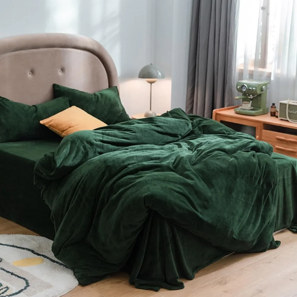 Covebett Winter Warme Bettwäsche 200x200 Grün Dunkelgrün Flanell Cashmere Touch Plüsch Winterbettwäsche 3teilig, 1 Flauschig Coral Fleece Bettbezug mit Reißverschluss und 2 Kissenbezug 80x80 - Image 4