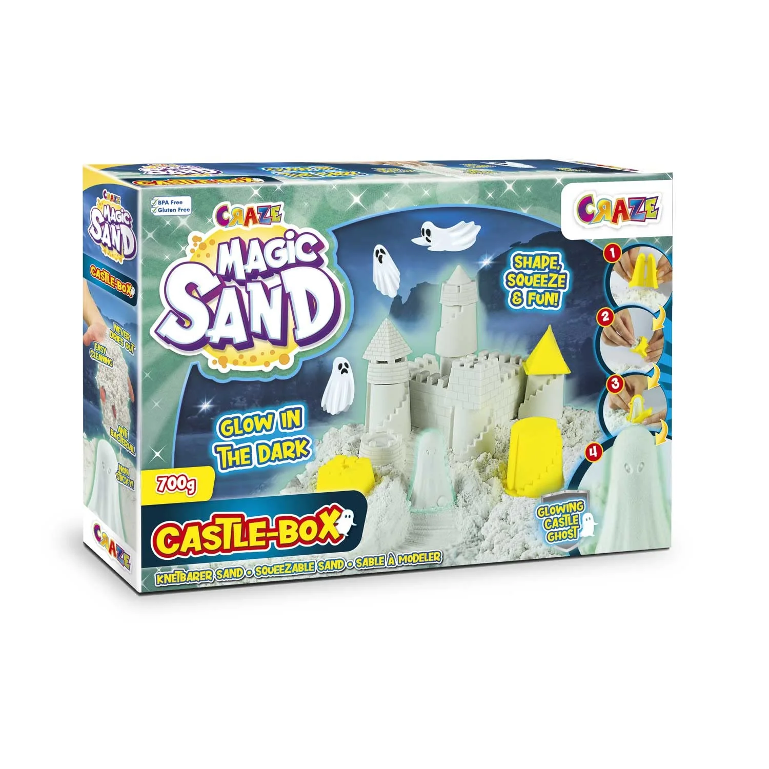 CRAZE MAGIC SAND Castle Box | Glow in The Dark Kinetischer Sand , leuchtend Magischer Sand Set mit 700g Leuchtsand & Zubehör , Knetsand mit Förmchen