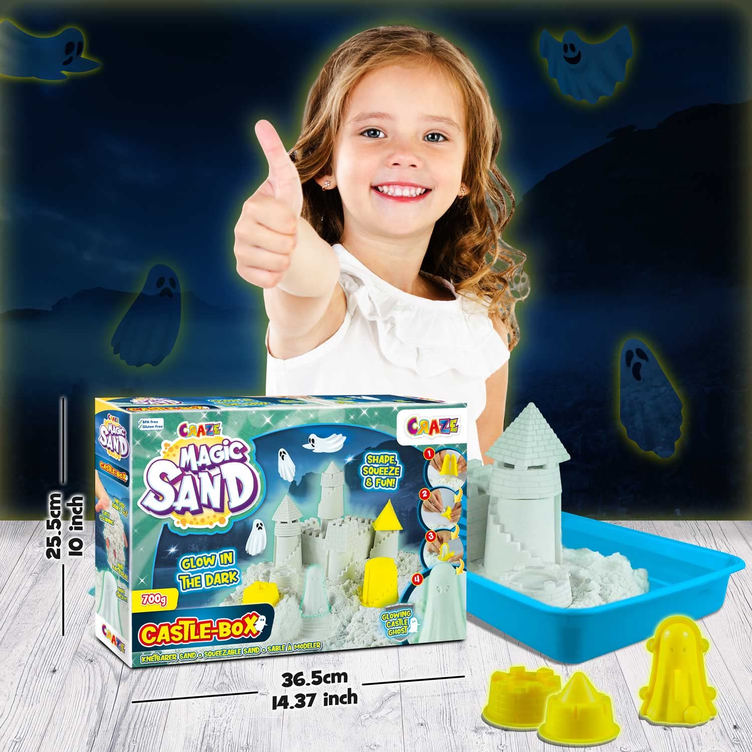 CRAZE MAGIC SAND Castle Box | Glow in The Dark Kinetischer Sand , leuchtend Magischer Sand Set mit 700g Leuchtsand & Zubehör , Knetsand mit Förmchen - Image 3
