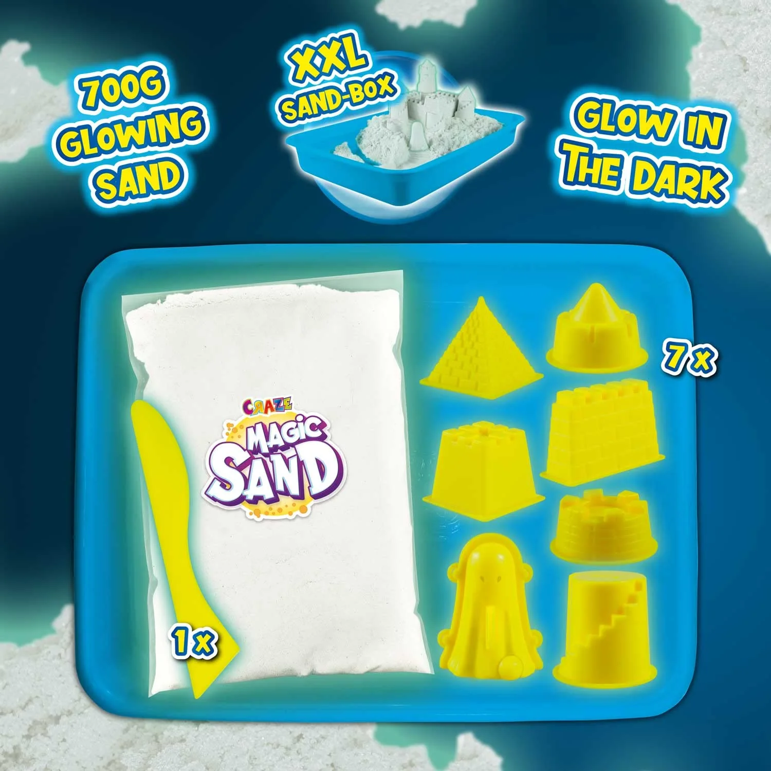 CRAZE MAGIC SAND Castle Box | Glow in The Dark Kinetischer Sand , leuchtend Magischer Sand Set mit 700g Leuchtsand & Zubehör , Knetsand mit Förmchen - Image 4