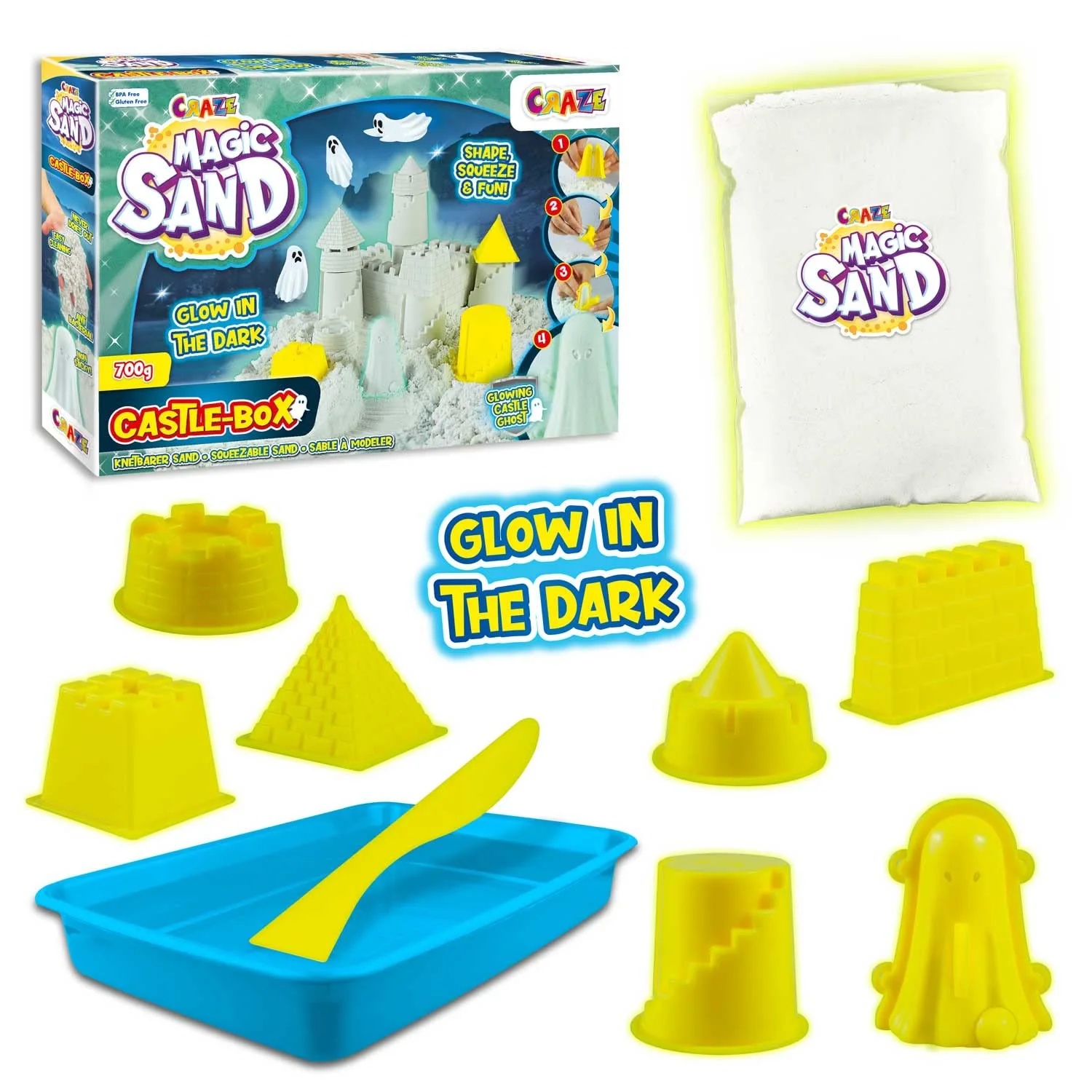 CRAZE MAGIC SAND Castle Box | Glow in The Dark Kinetischer Sand , leuchtend Magischer Sand Set mit 700g Leuchtsand & Zubehör , Knetsand mit Förmchen - Image 8