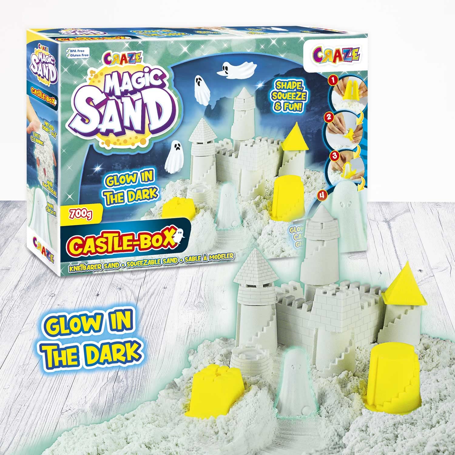 CRAZE MAGIC SAND Castle Box | Glow in The Dark Kinetischer Sand , leuchtend Magischer Sand Set mit 700g Leuchtsand & Zubehör , Knetsand mit Förmchen - Image 9
