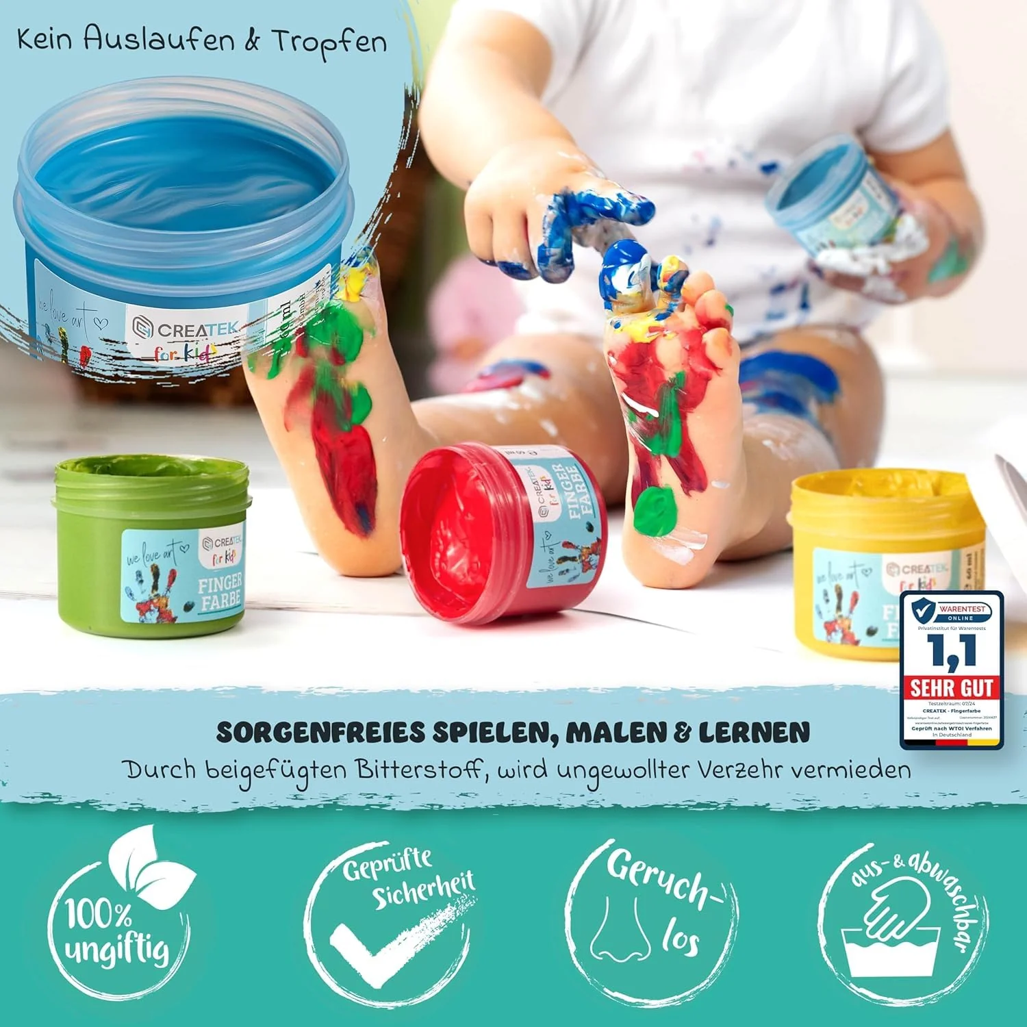 CreaTek - Fingerfarben Kinder ungiftig ab 2 Jahre [ inkl. lustiger Malvorlagen ] 100% sicher, vegan, geruchlos & auswaschbar - 6x leuchtende Grundfarben je 60ml - Fingermalfarben für Kinder ungiftig - Image 2