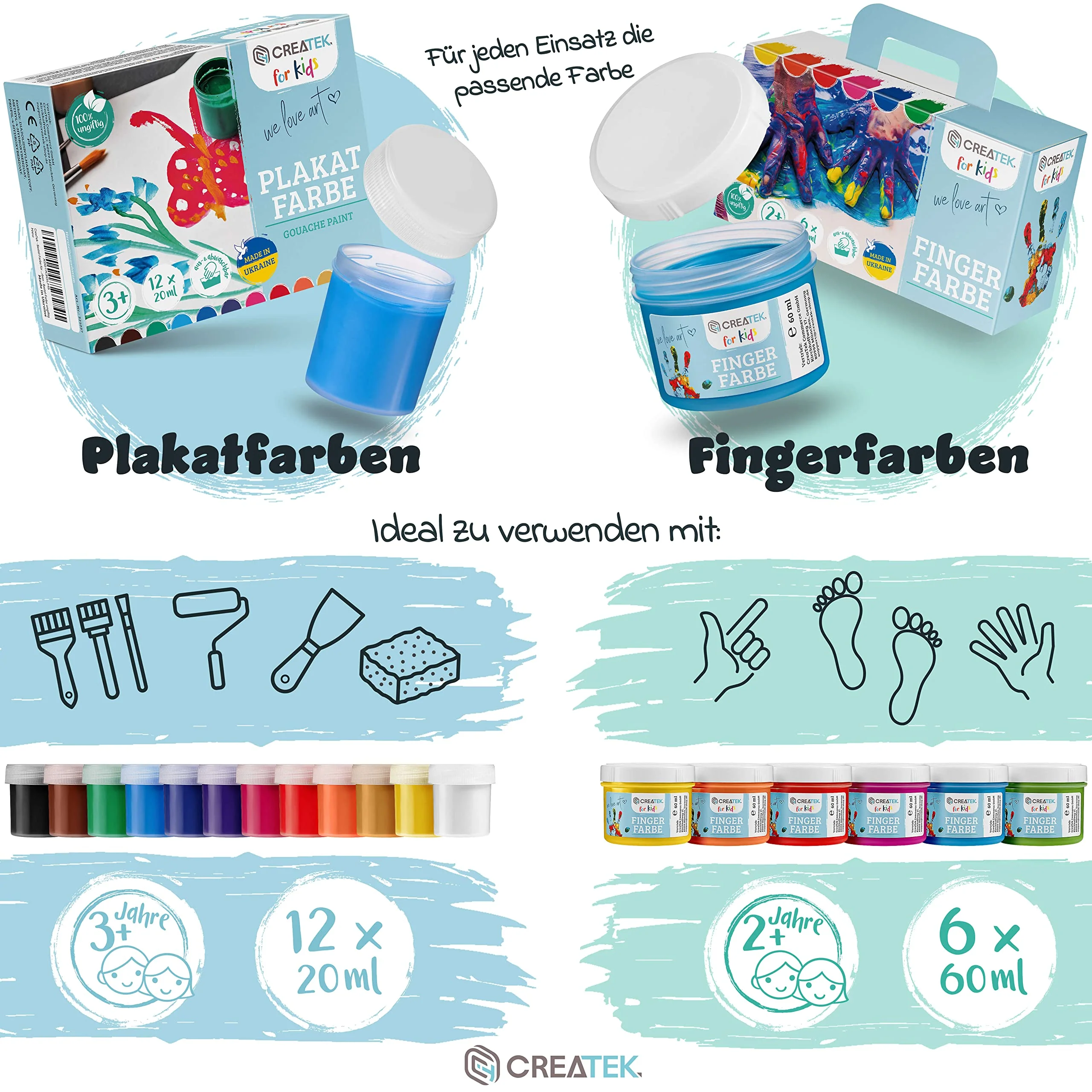 CreaTek - Fingerfarben Kinder ungiftig ab 2 Jahre [ inkl. lustiger Malvorlagen ] 100% sicher, vegan, geruchlos & auswaschbar - 6x leuchtende Grundfarben je 60ml - Fingermalfarben für Kinder ungiftig - Image 4