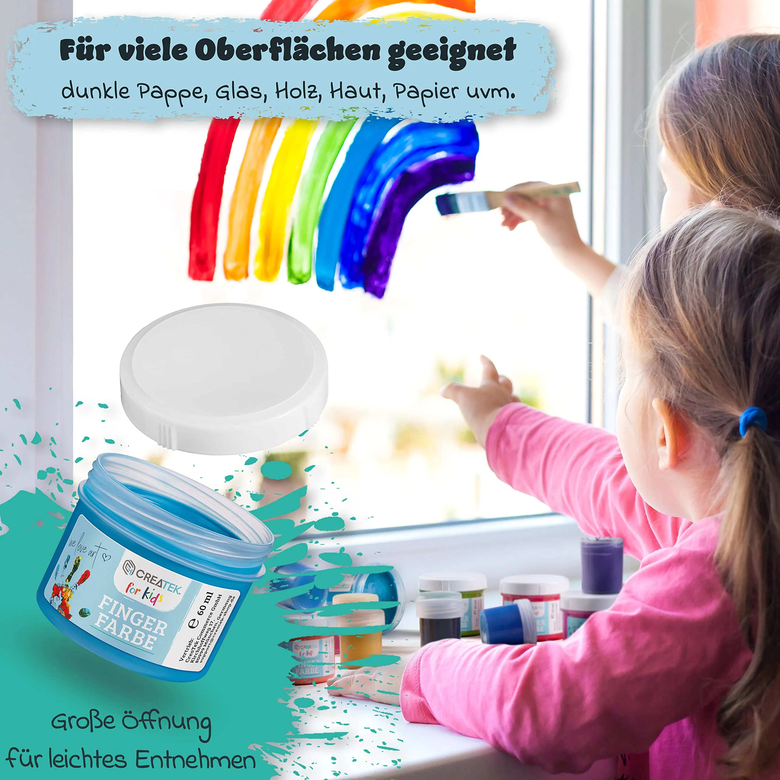 CreaTek - Fingerfarben Kinder ungiftig ab 2 Jahre [ inkl. lustiger Malvorlagen ] 100% sicher, vegan, geruchlos & auswaschbar - 6x leuchtende Grundfarben je 60ml - Fingermalfarben für Kinder ungiftig - Image 5