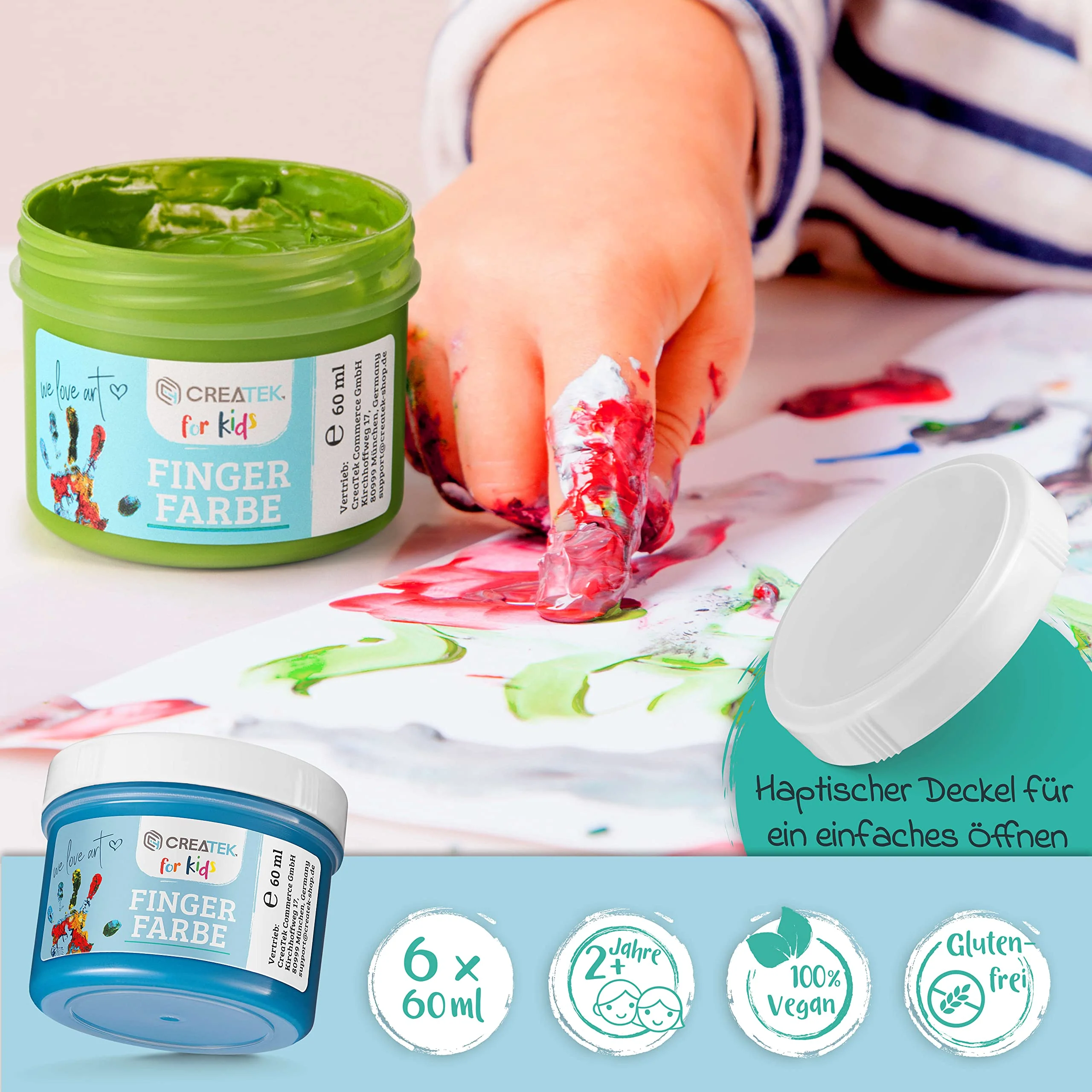 CreaTek - Fingerfarben Kinder ungiftig ab 2 Jahre [ inkl. lustiger Malvorlagen ] 100% sicher, vegan, geruchlos & auswaschbar - 6x leuchtende Grundfarben je 60ml - Fingermalfarben für Kinder ungiftig - Image 7
