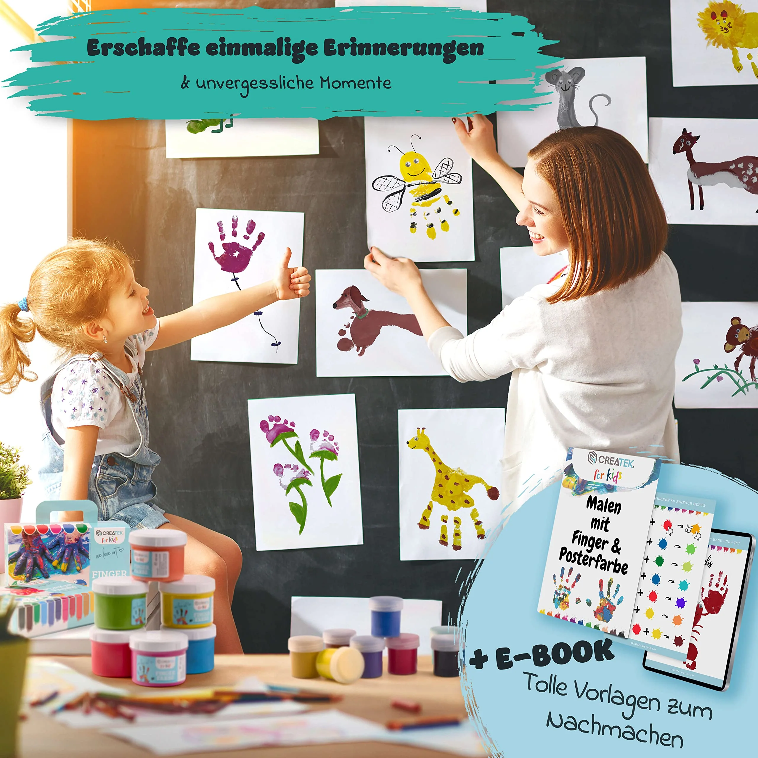 CreaTek - Fingerfarben Kinder ungiftig ab 2 Jahre [ inkl. lustiger Malvorlagen ] 100% sicher, vegan, geruchlos & auswaschbar - 6x leuchtende Grundfarben je 60ml - Fingermalfarben für Kinder ungiftig - Image 8