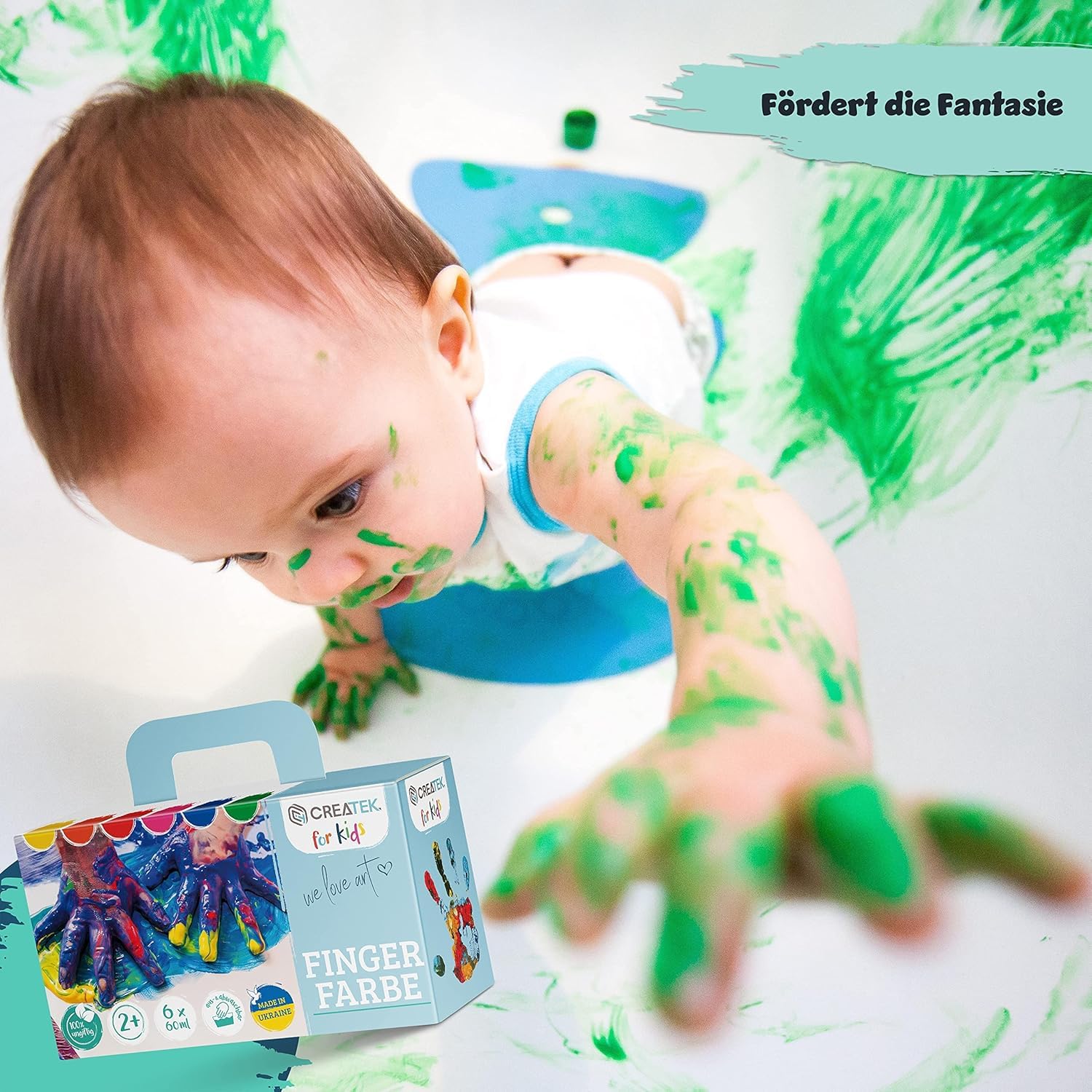 CreaTek - Fingerfarben Kinder ungiftig ab 2 Jahre [ inkl. lustiger Malvorlagen ] 100% sicher, vegan, geruchlos & auswaschbar - 6x leuchtende Grundfarben je 60ml - Fingermalfarben für Kinder ungiftig - Image 9