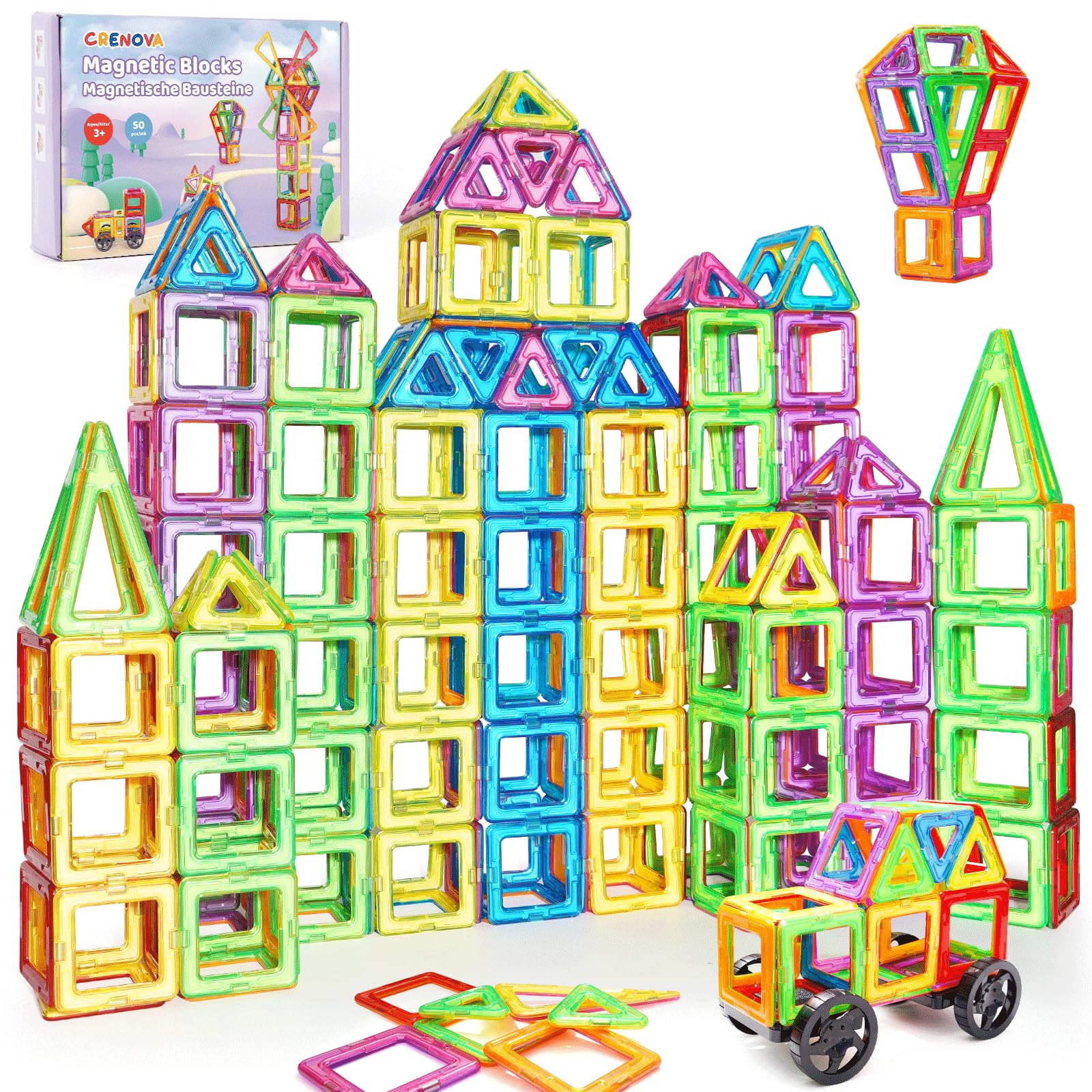 Crenova Magnetische Bausteine 50 Tile, Magnetspiel STEM Magnetbausteine, Montessori Spielzeug ab 3 Jahre, Magnete Kinder Geschenk Spielzeug ab 3 4 5 6 7 8Jahren für Jungen und Mädchen