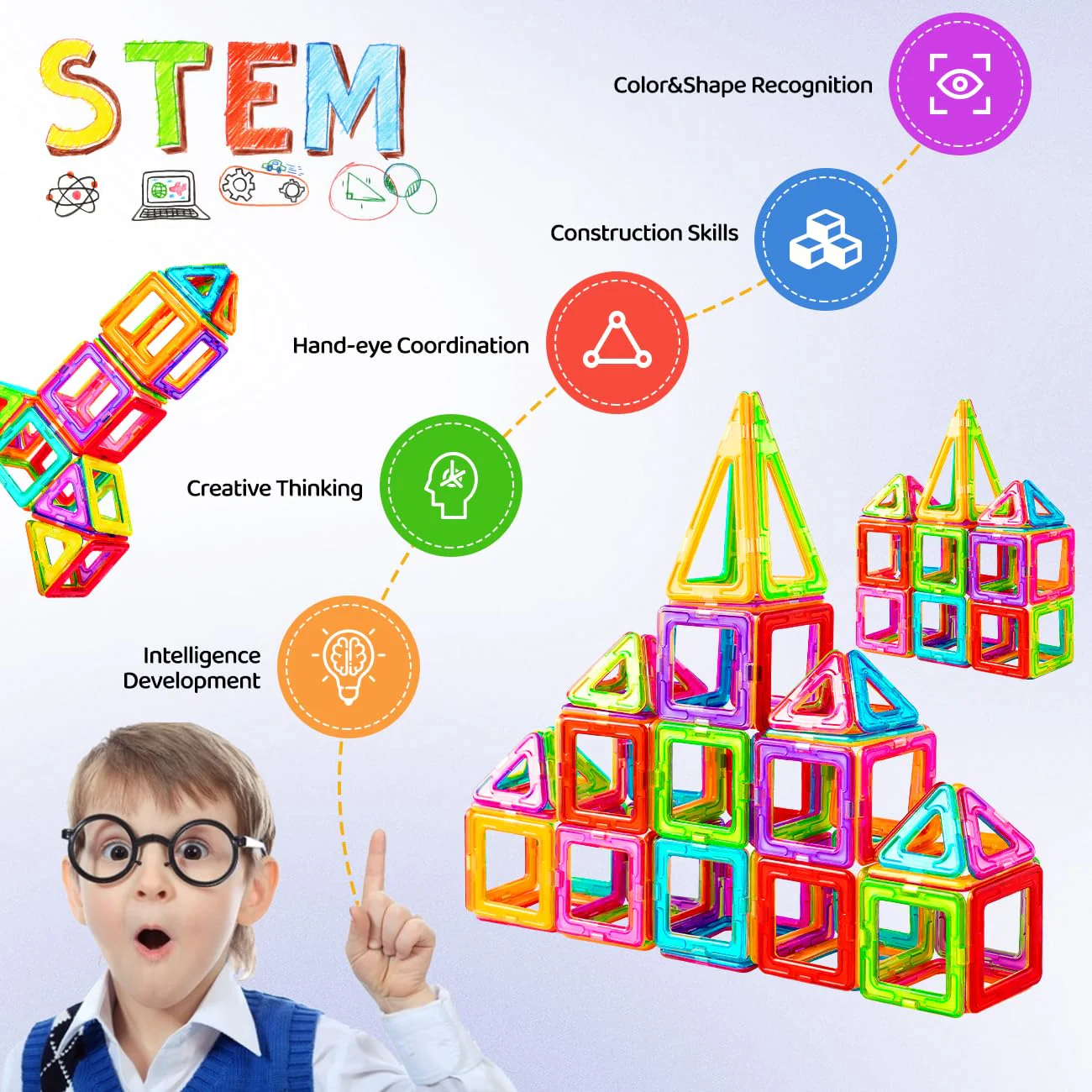 Crenova Magnetische Bausteine 50 Tile, Magnetspiel STEM Magnetbausteine, Montessori Spielzeug ab 3 Jahre, Magnete Kinder Geschenk Spielzeug ab 3 4 5 6 7 8Jahren für Jungen und Mädchen - Image 9