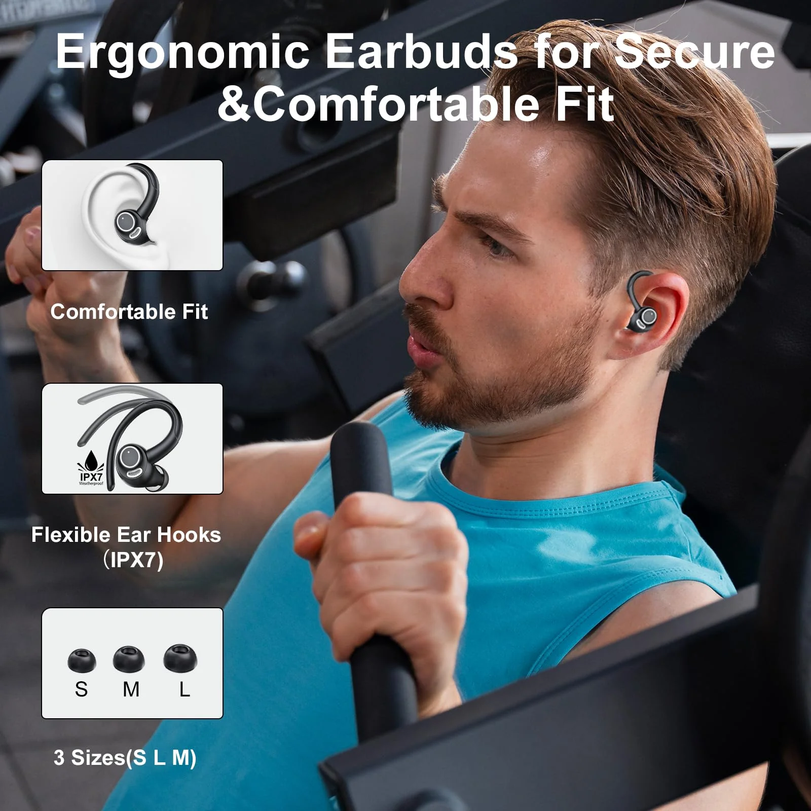 Csasan Bluetooth Kopfhörer Sport, Kopfhörer Kabellos Bluetooth 5.3 mit Ohrhaken, 48Std 3D Stereo In Ear Kopfhörer mit ENC Mic, Dual LED-Anzeige, Touch Control, IP7 Wasserdicht Ohrhörer(2024) - Image 4