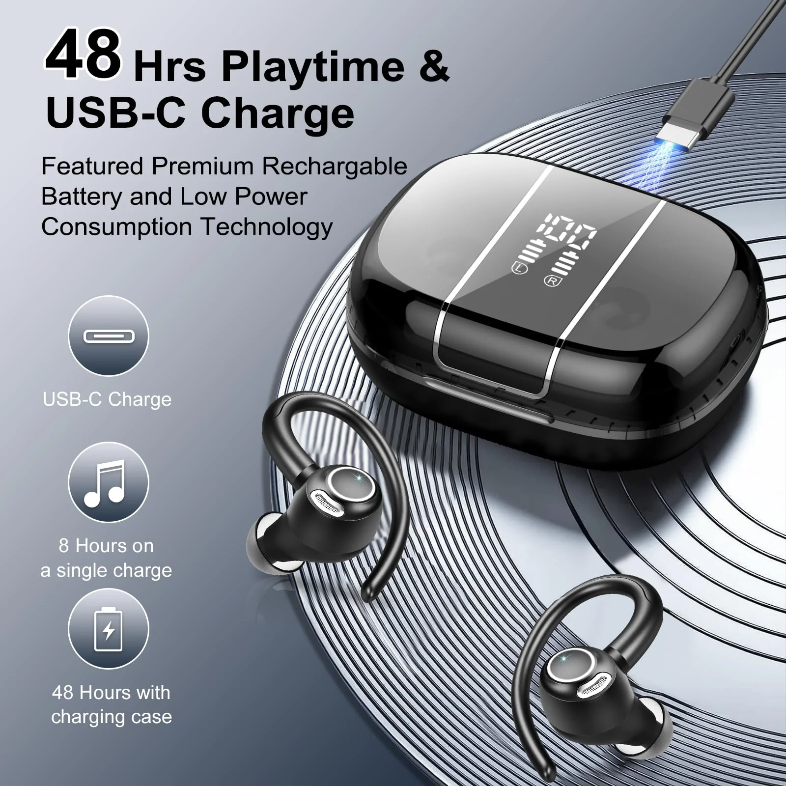 Csasan Bluetooth Kopfhörer Sport, Kopfhörer Kabellos Bluetooth 5.3 mit Ohrhaken, 48Std 3D Stereo In Ear Kopfhörer mit ENC Mic, Dual LED-Anzeige, Touch Control, IP7 Wasserdicht Ohrhörer(2024) - Image 5