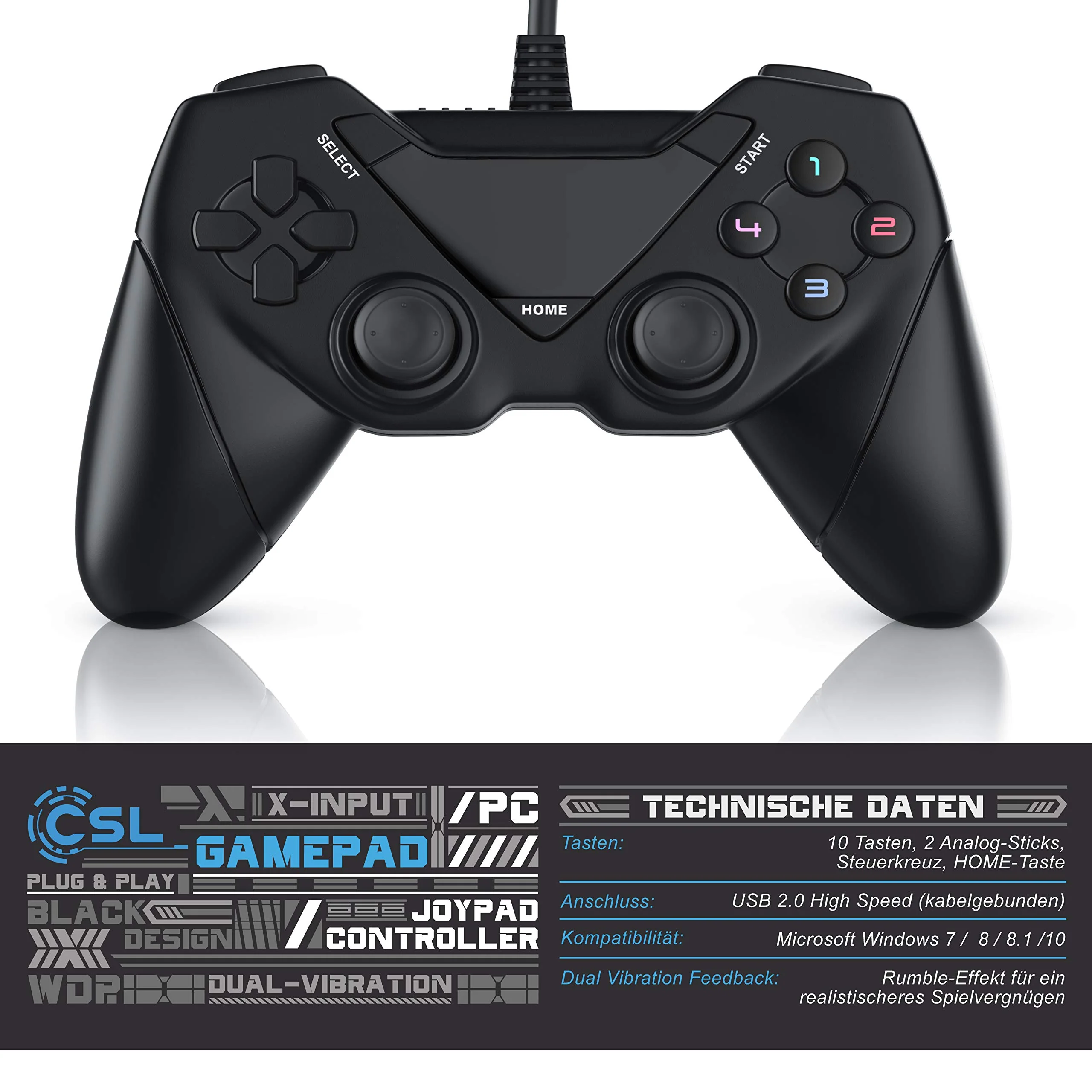 CSL - Gamepad für PC und Android - Dual Vibration - Plug and Play - Controller mit Direct-Input X-Input - schwarz - Image 5