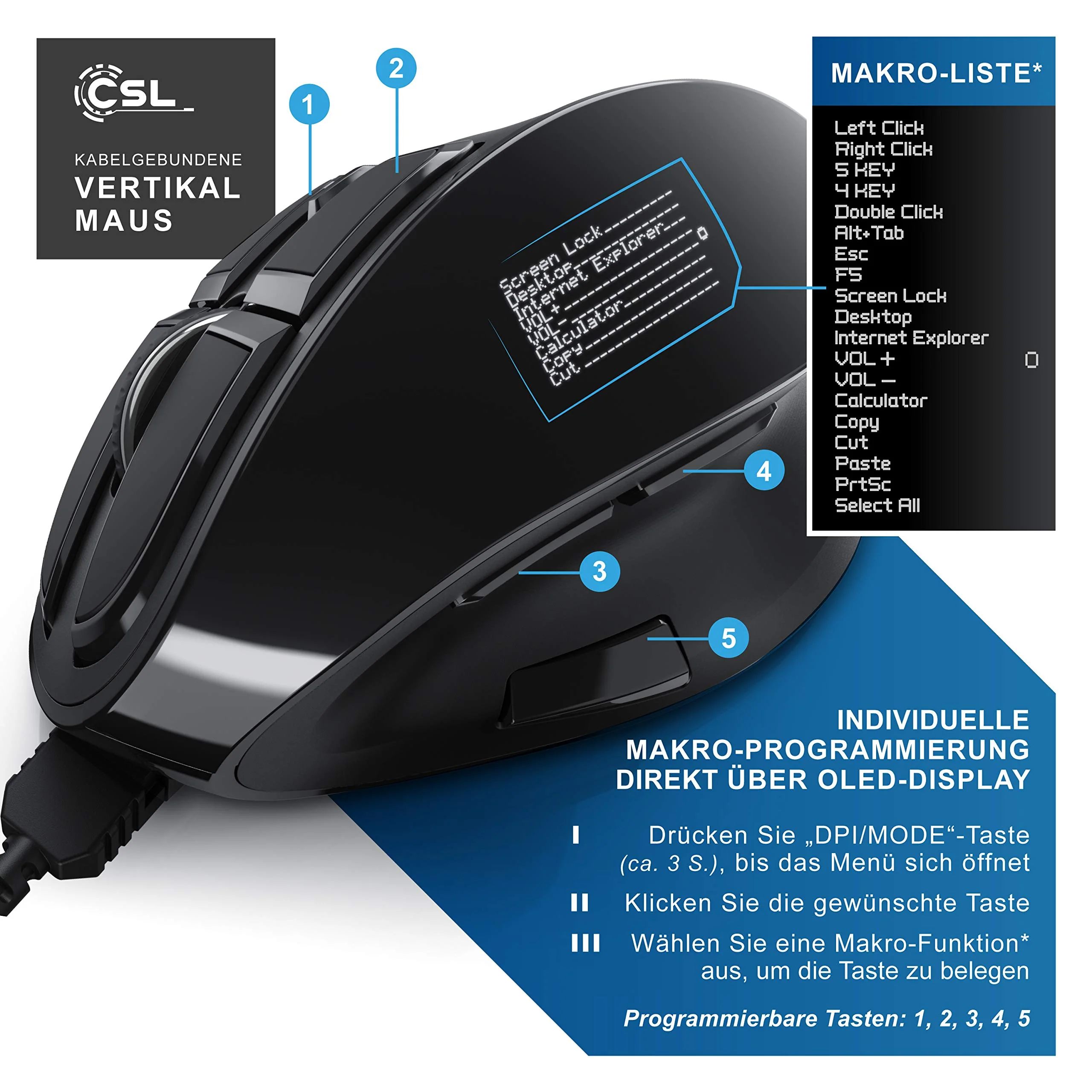 CSL - Gaming vertikale Maus mit OLED Display 2400 DPI - programmierbare Tasten - Office Mouse – mit Kabel - kabelgebunden - gegen Mausarm - mit Kailh Switche - Vertikalmaus ergonomisches Design - Image 2