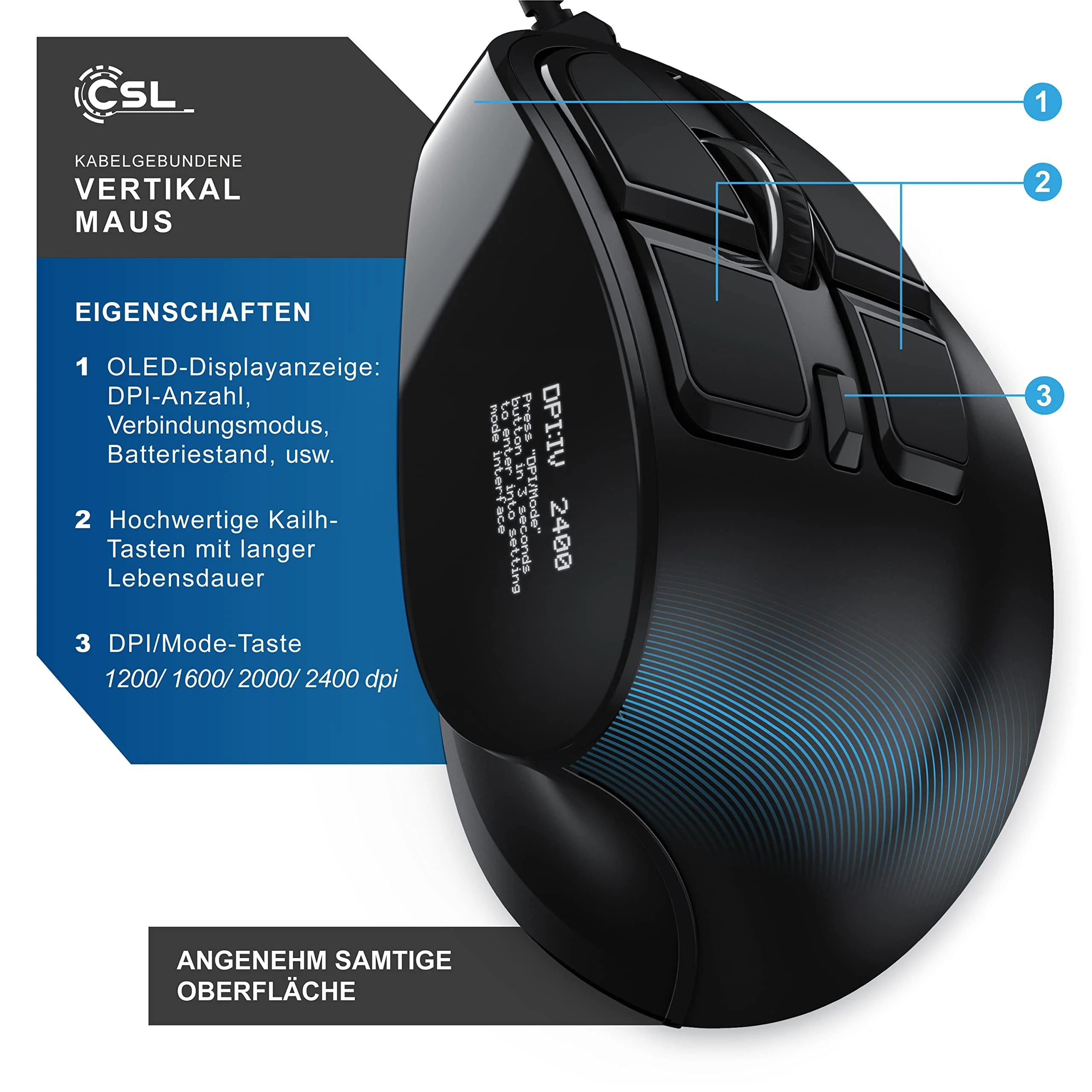 CSL - Gaming vertikale Maus mit OLED Display 2400 DPI - programmierbare Tasten - Office Mouse – mit Kabel - kabelgebunden - gegen Mausarm - mit Kailh Switche - Vertikalmaus ergonomisches Design - Image 3