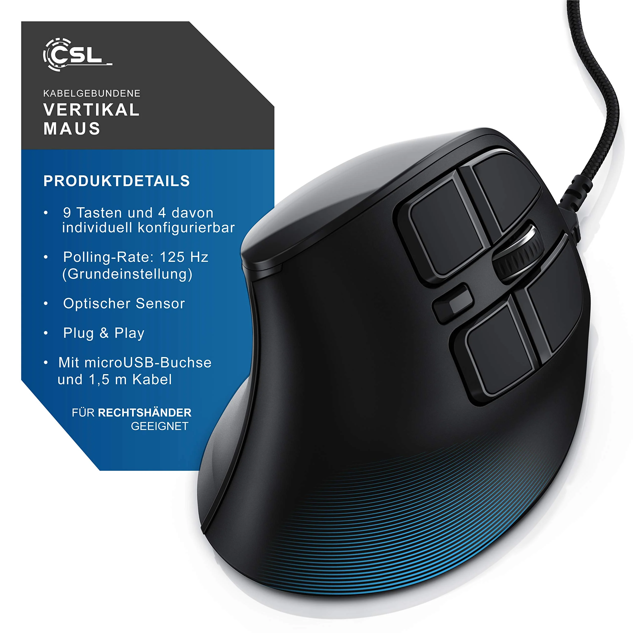 CSL - Gaming vertikale Maus mit OLED Display 2400 DPI - programmierbare Tasten - Office Mouse – mit Kabel - kabelgebunden - gegen Mausarm - mit Kailh Switche - Vertikalmaus ergonomisches Design - Image 5