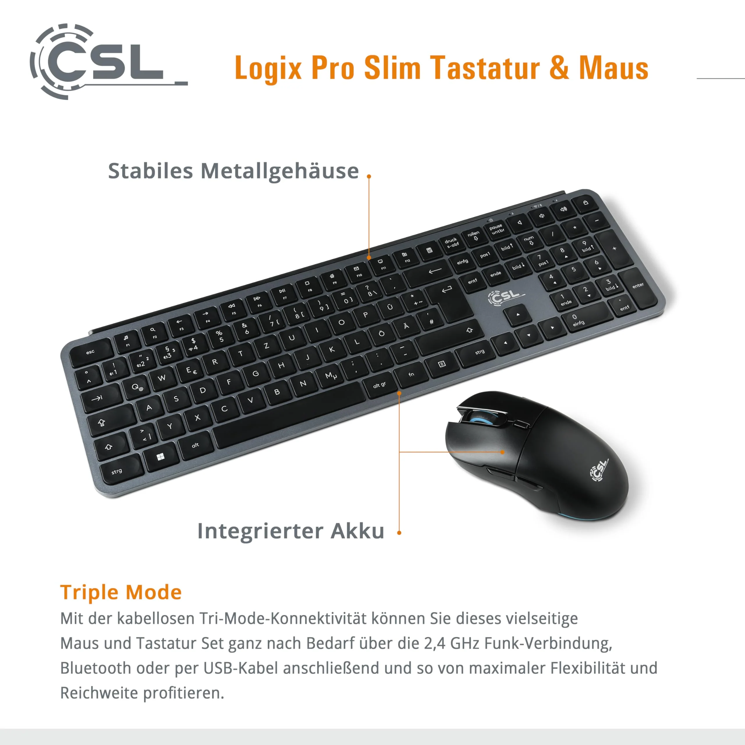 CSL Logix Pro - Tastatur Maus Set kabellos in schwarz mit QWERTZ Layout bestehend aus Funktastatur, Funk Maus, USB Nano Empfänger und USB Ladekabel, perfekt für Office PC, Laptop, Multimedia Computer - Image 2