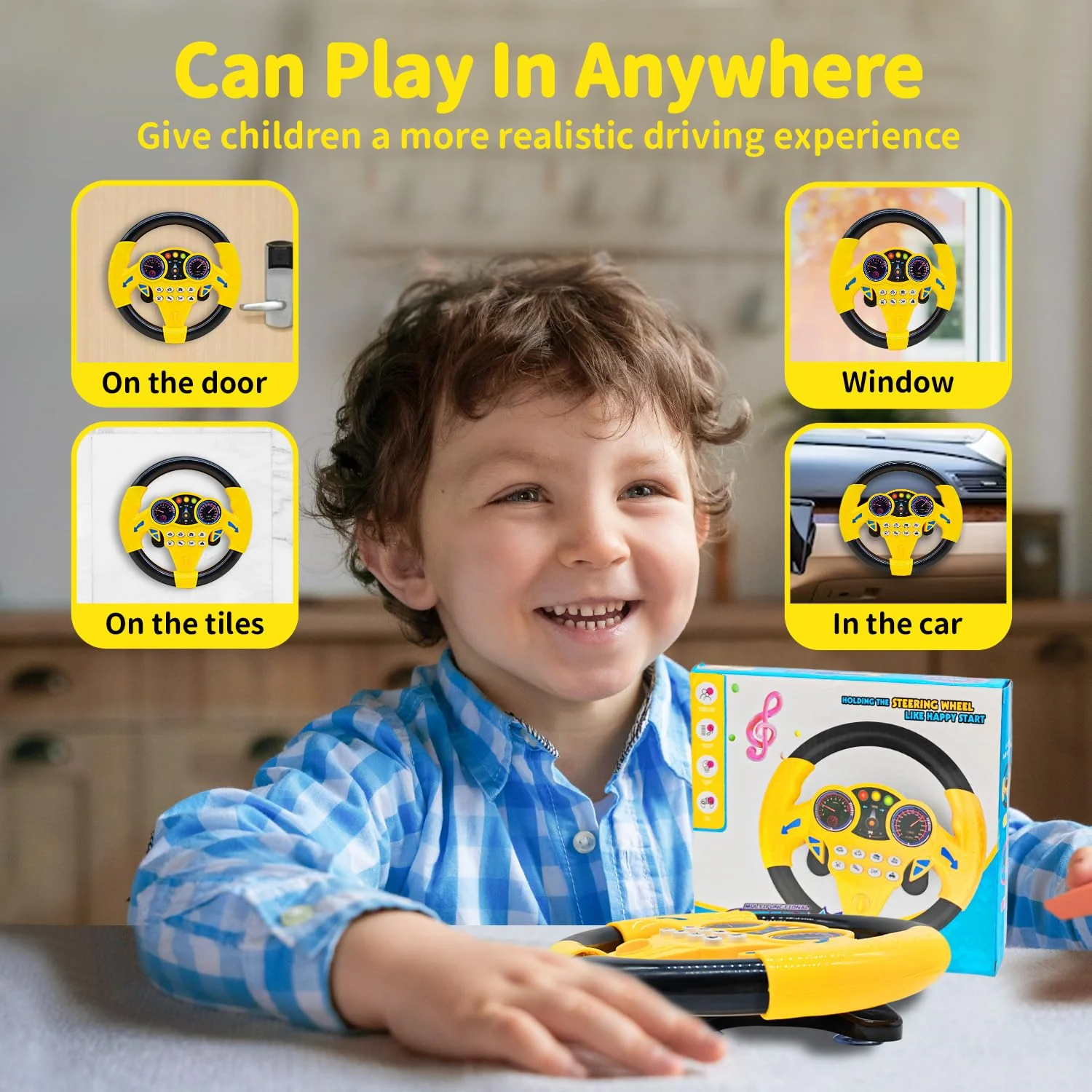Cuackamily Lenkrad Kinder Spielzeug, Simulierter tragbarer Fahrregler, Fahrsimulator Auto Simulation Spielzeug,Interaktives Lenkrad Lernspielzeug, pädagogisches Geschenk für Kleinkinder Kinder (Gelb) - Image 4