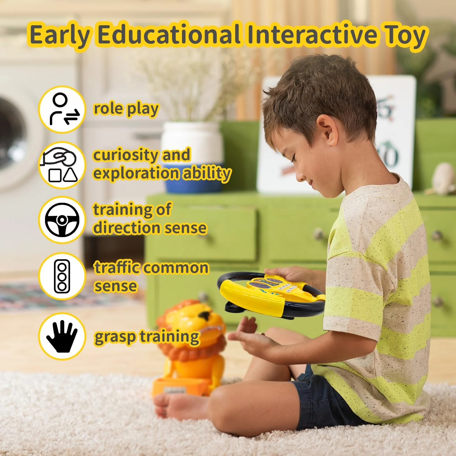 Cuackamily Lenkrad Kinder Spielzeug, Simulierter tragbarer Fahrregler, Fahrsimulator Auto Simulation Spielzeug,Interaktives Lenkrad Lernspielzeug, pädagogisches Geschenk für Kleinkinder Kinder (Gelb) - Image 5