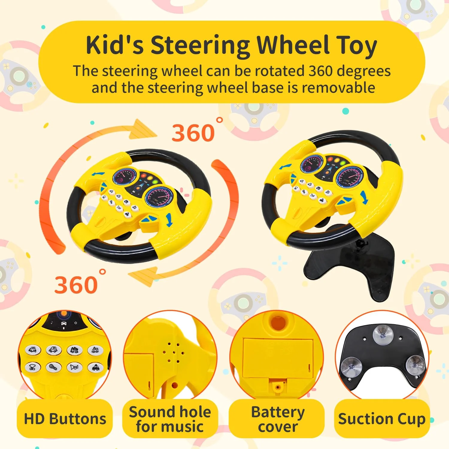 Cuackamily Lenkrad Kinder Spielzeug, Simulierter tragbarer Fahrregler, Fahrsimulator Auto Simulation Spielzeug,Interaktives Lenkrad Lernspielzeug, pädagogisches Geschenk für Kleinkinder Kinder (Gelb) - Image 6