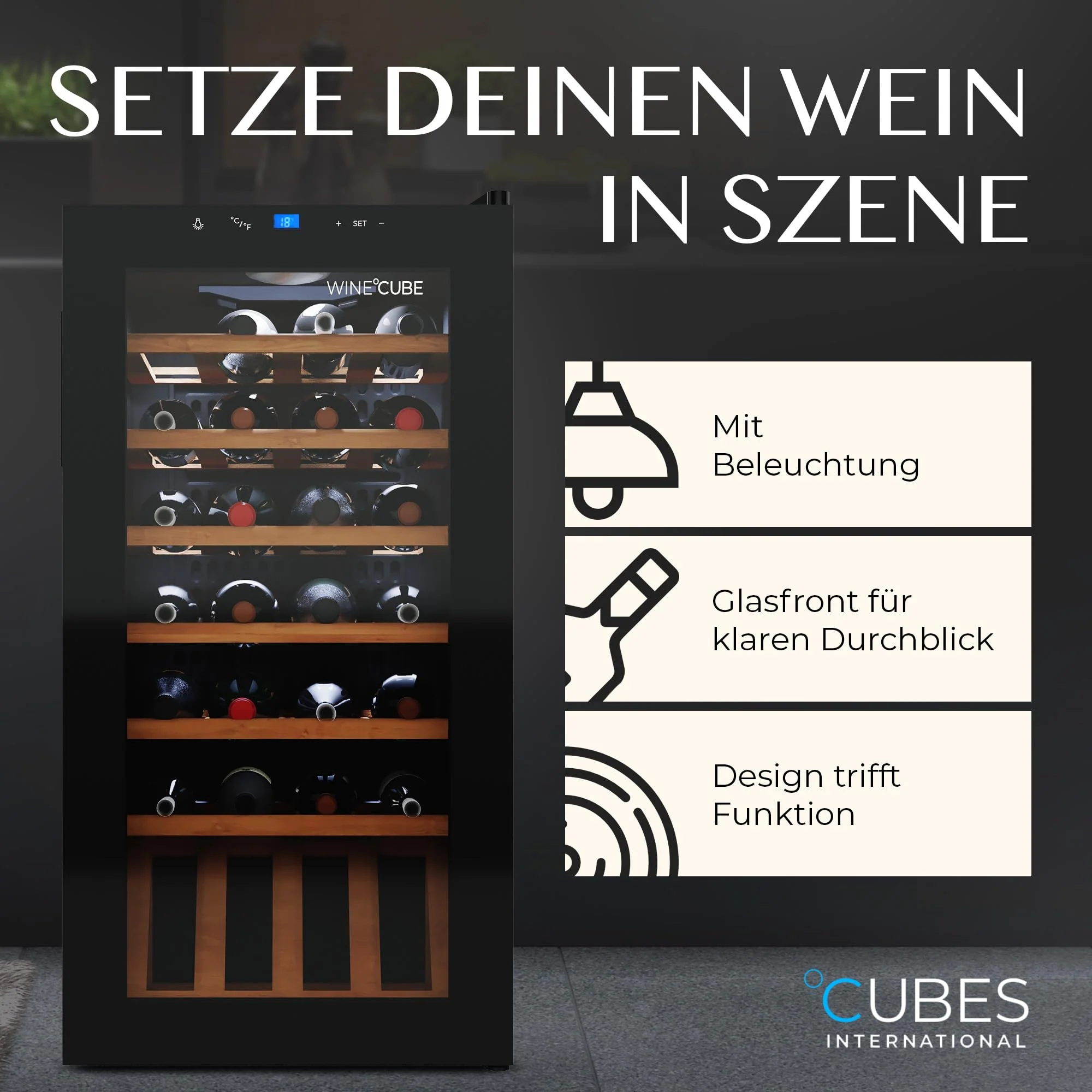 °CUBES Weinkühlschrank 28 Flaschen (90L) mit eleganter Glastür & hochwertigen Regalen aus Buchenholz | 5-18°C, vibrationsarm & leise (40dB) | Weinschrank mit LED Display - Tolles Geschenk - Image 2