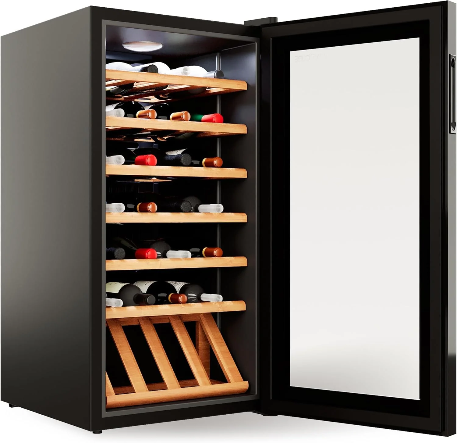 °CUBES Weinkühlschrank 28 Flaschen (90L) mit eleganter Glastür & hochwertigen Regalen aus Buchenholz | 5-18°C, vibrationsarm & leise (40dB) | Weinschrank mit LED Display - Tolles Geschenk - Image 3