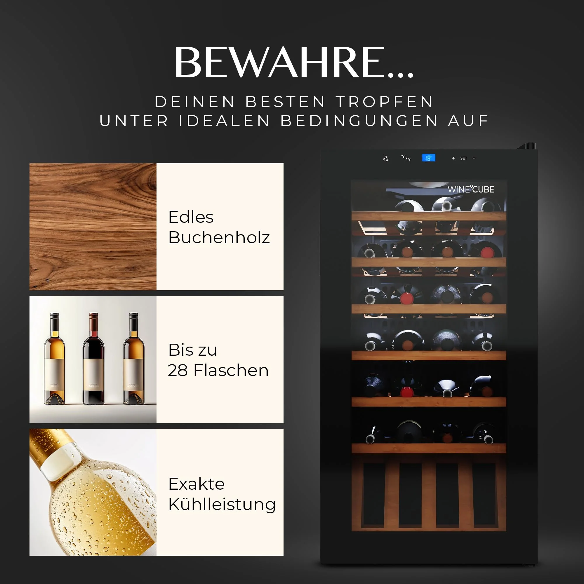 °CUBES Weinkühlschrank 28 Flaschen (90L) mit eleganter Glastür & hochwertigen Regalen aus Buchenholz | 5-18°C, vibrationsarm & leise (40dB) | Weinschrank mit LED Display - Tolles Geschenk - Image 4