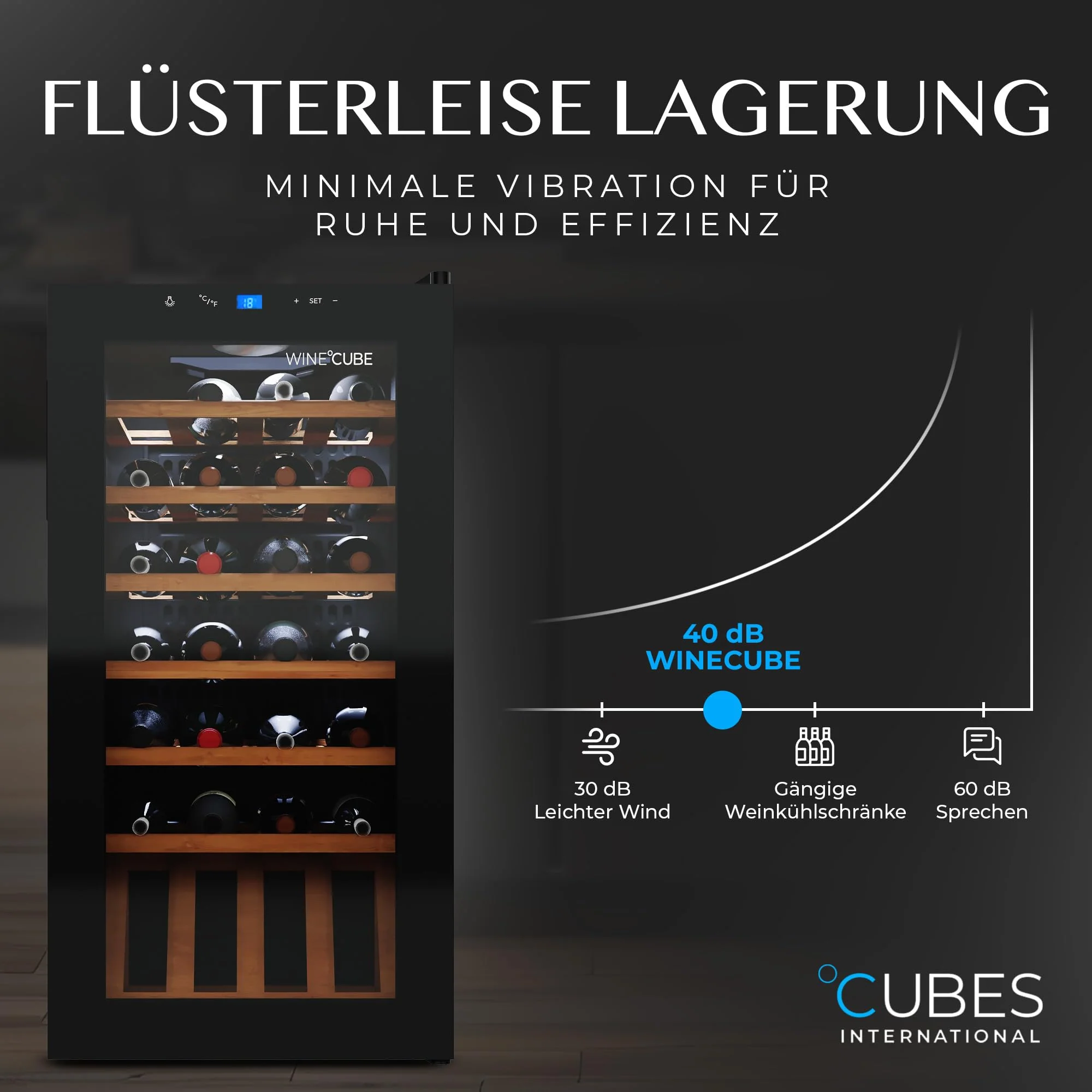 °CUBES Weinkühlschrank 28 Flaschen (90L) mit eleganter Glastür & hochwertigen Regalen aus Buchenholz | 5-18°C, vibrationsarm & leise (40dB) | Weinschrank mit LED Display - Tolles Geschenk - Image 5