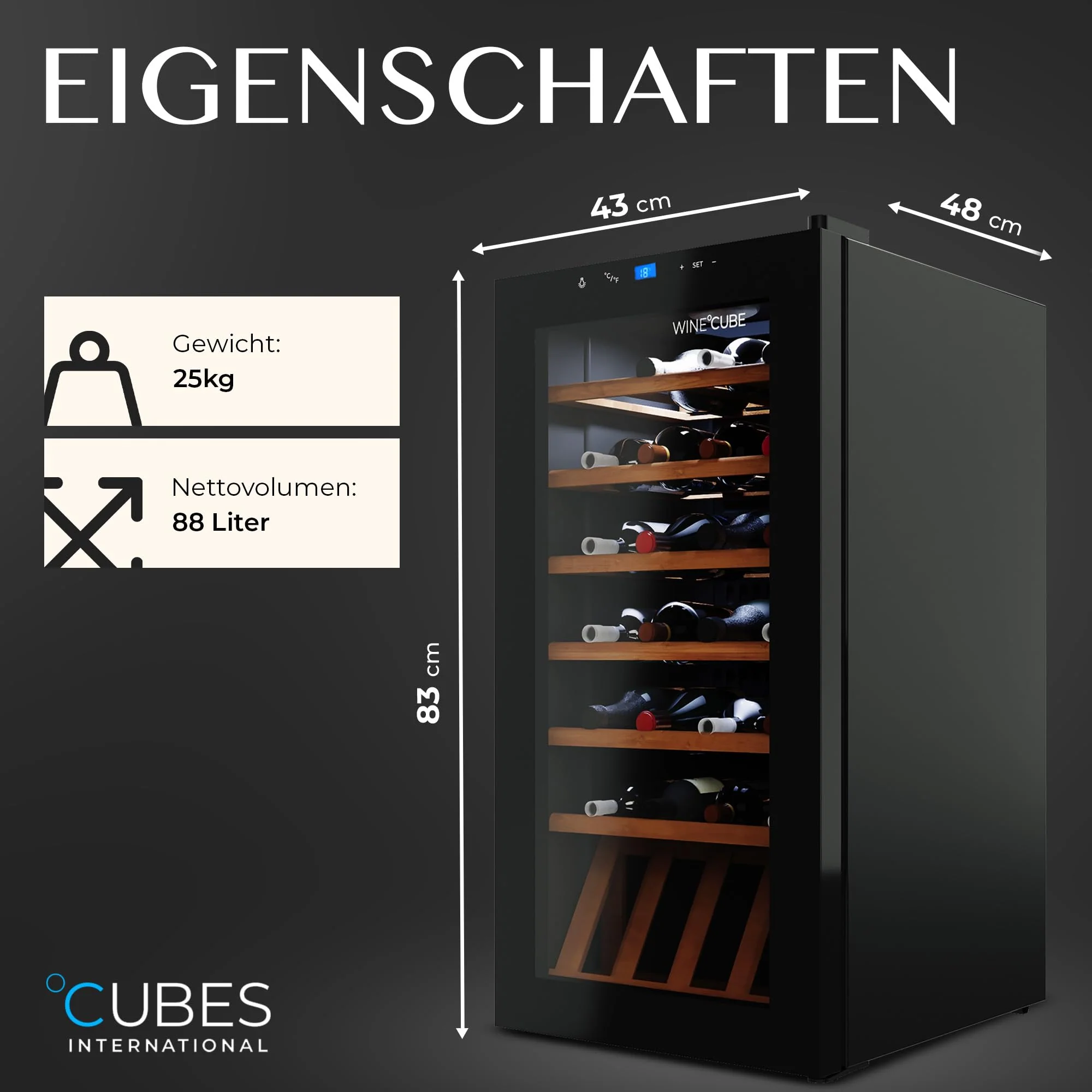 °CUBES Weinkühlschrank 28 Flaschen (90L) mit eleganter Glastür & hochwertigen Regalen aus Buchenholz | 5-18°C, vibrationsarm & leise (40dB) | Weinschrank mit LED Display - Tolles Geschenk - Image 6