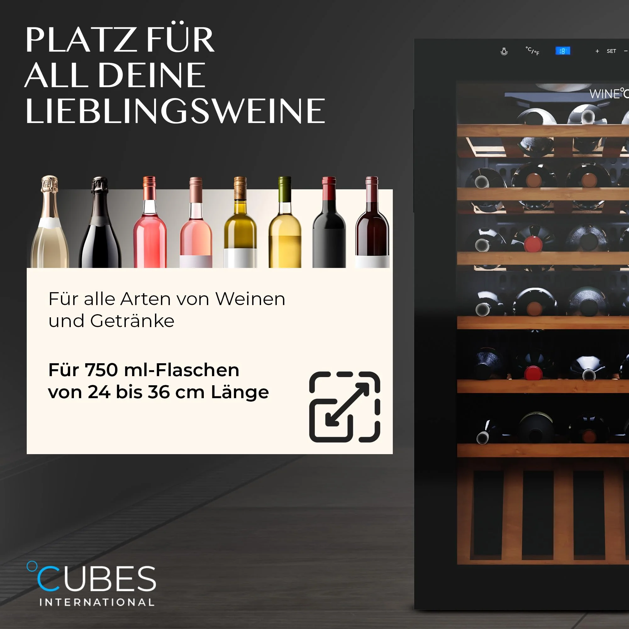 °CUBES Weinkühlschrank 28 Flaschen (90L) mit eleganter Glastür & hochwertigen Regalen aus Buchenholz | 5-18°C, vibrationsarm & leise (40dB) | Weinschrank mit LED Display - Tolles Geschenk - Image 7
