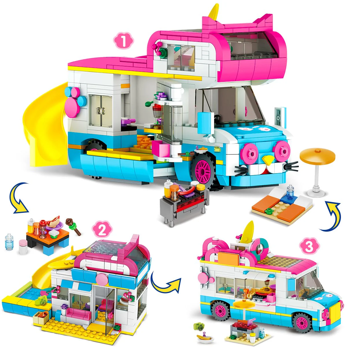 CUBIMANA 3-in-1 Wohnmobil Bausteine Spielzeug, Campingbus Wohnwagen Konstruktionsspielzeug mit Rutsche und Aufklebern, Geschenke für Kinder Mädchen und Jungen ab 6 7 8 9 10 11 12+ Jahre (494PCS)