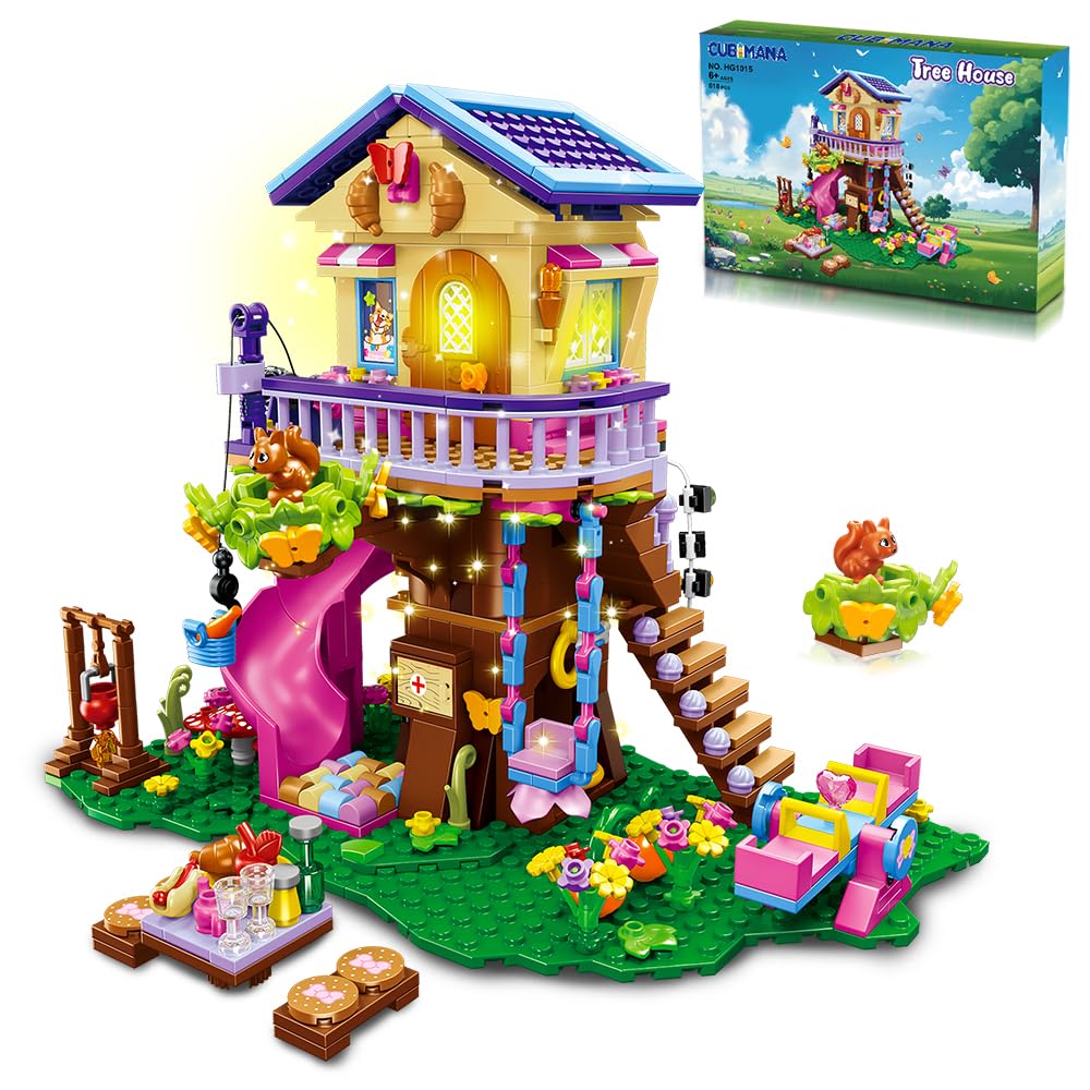 CUBIMANA Baumhaus Bausteine Set mit LED-Licht – Baumhaus Baustein Spielzeug, Up-Haus Bausatz mit Rutsche, Geburtstag Weihnachts Geschenk für Kinder Mädchen Jungen ab 6 7 8 9 10 11+ Jahren (618 Stück)