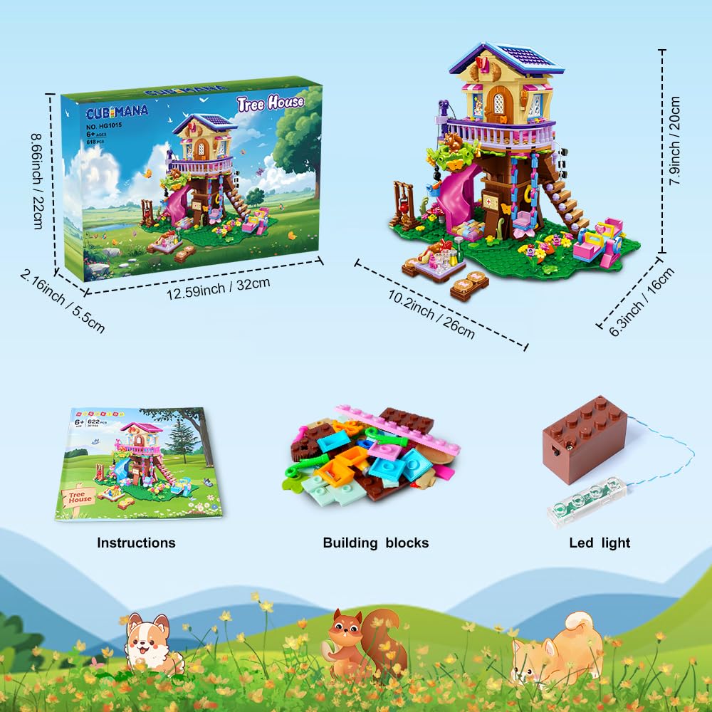 CUBIMANA Baumhaus Bausteine Set mit LED-Licht – Baumhaus Baustein Spielzeug, Up-Haus Bausatz mit Rutsche, Geburtstag Weihnachts Geschenk für Kinder Mädchen Jungen ab 6 7 8 9 10 11+ Jahren (618 Stück) - Image 2